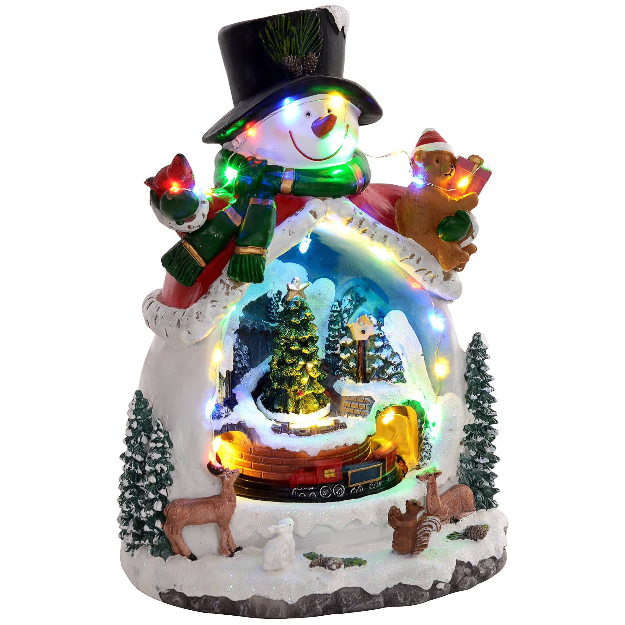 HOMCOM Weihnachtsdorf in Schneemann-Form mit fahrendem Zug, LED-Lichtern und Musik, festliche Tischdekoration, Mehrfarbig