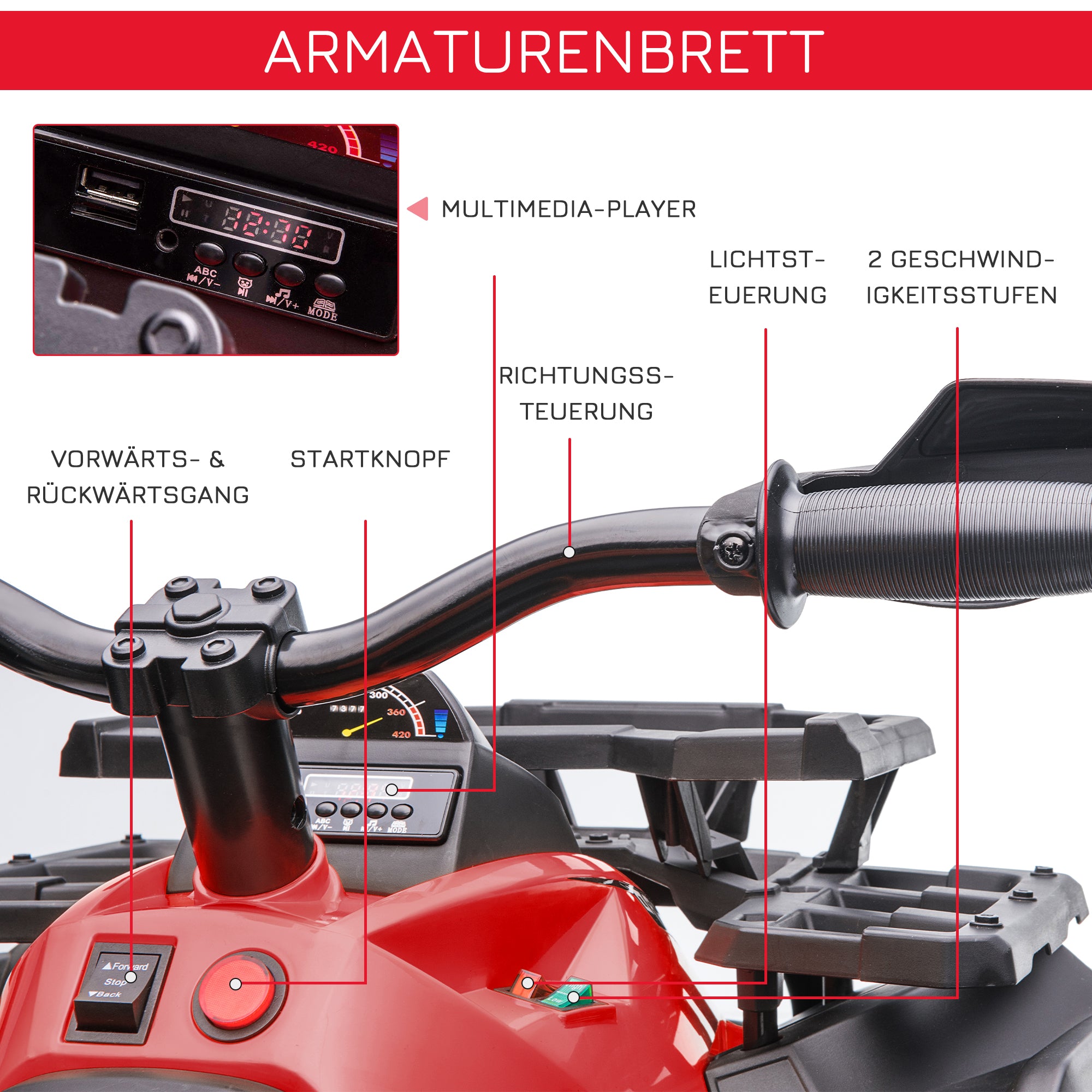HOMCOM Elektro-Kinderquad, 3-8 km/h, 45 Min. Betriebszeit, LED-Scheinwerfer, Musikplayer mit USB, für Kinder 3 bis 5 Jahre