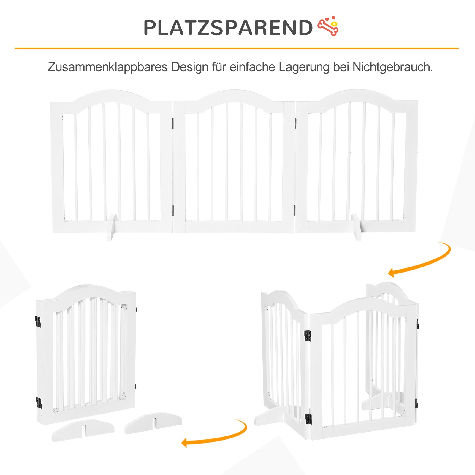 PawHut Absperrgitter Hund 3-teilig, 154,5 x 61 cm Faltbar Hundegitter mit Tür, Türschutzgitter mit 2 Stützfüßen, Freistehend Treppengitter für Küche, Flur, Weiß