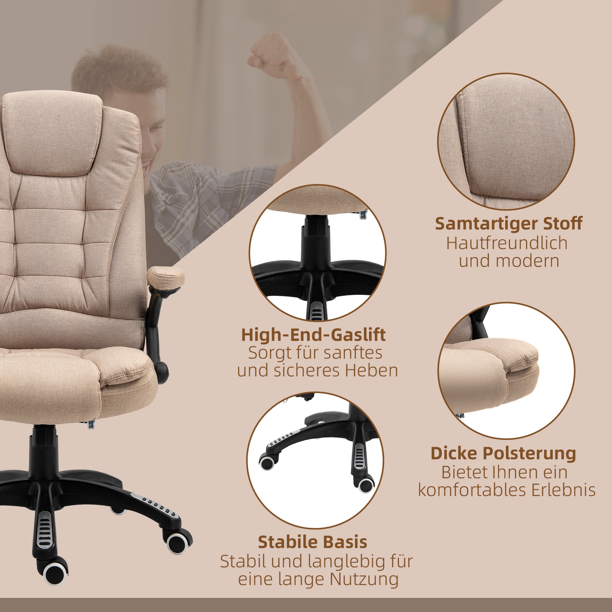 Vinsetto Massagesessel mit Wärmefunktion, Ergonomischer Schreibtischstuhl, höhenverstellbar, 68L x 72B x 110-120 cm, Braun