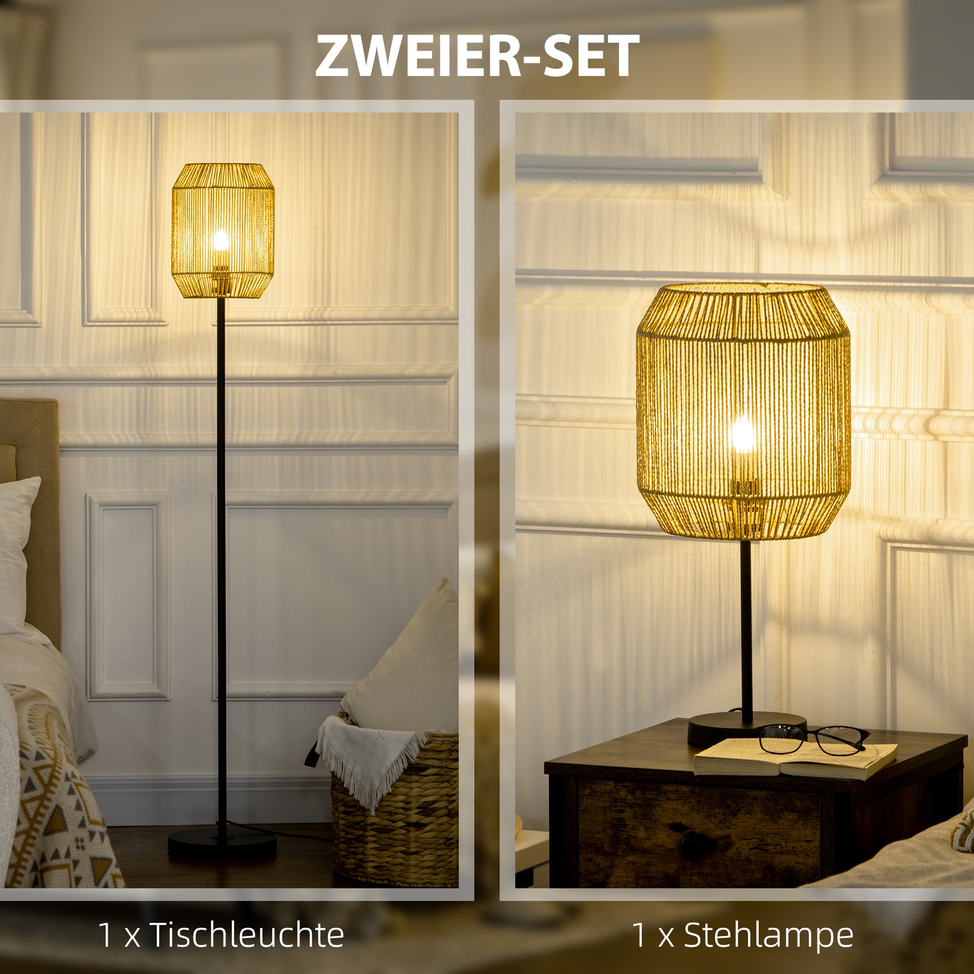 HOMCOM 2-teiliges Leuchten-Set. 1 Stehleuchte, 1 Tischleuchte, 38 cm x 38 cm x 158 cm, Natur + Schwarz