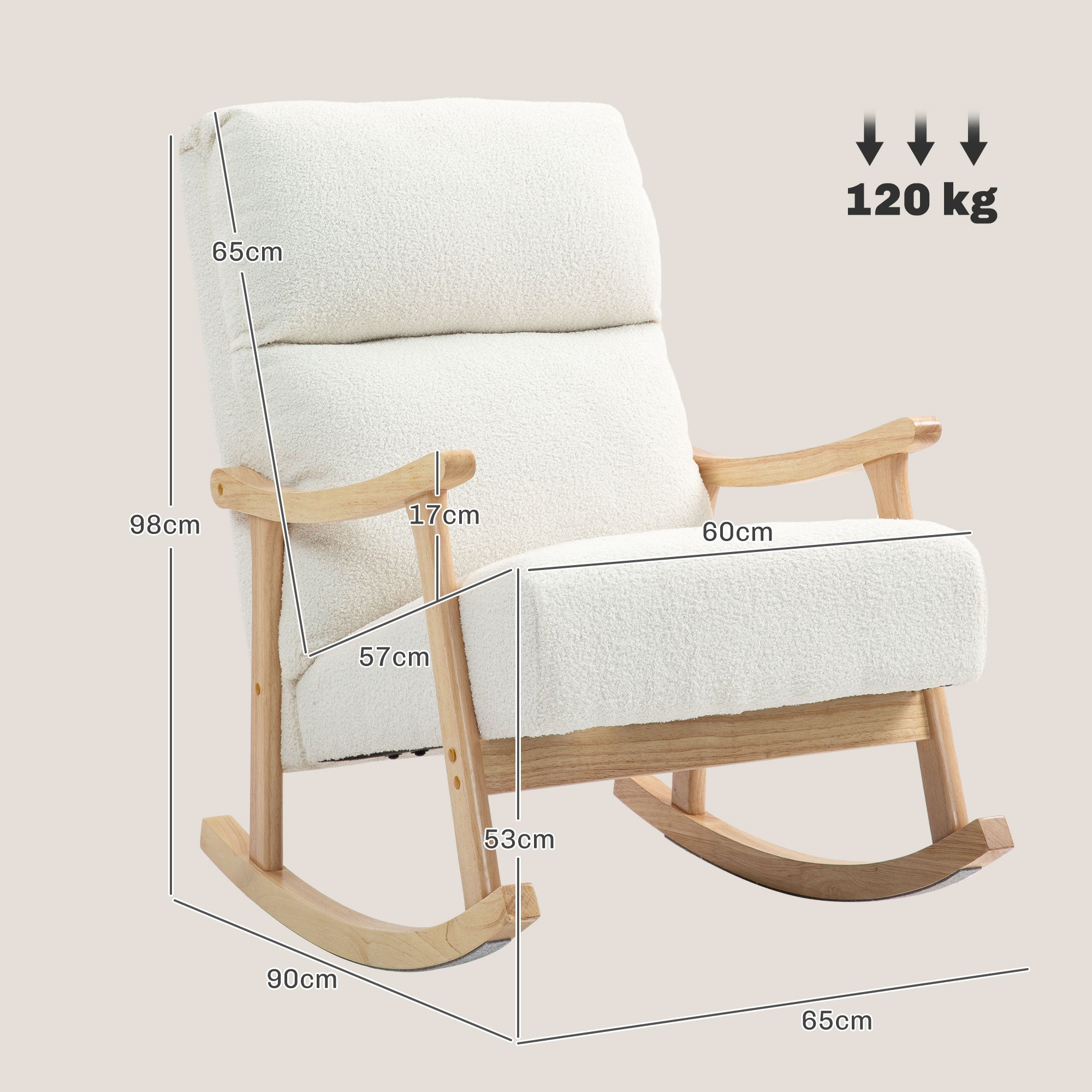 HOMCOM Schaukelstuhl, Stoffbezug in Samtoptik, Ergonomische Rückenlehne, 120 kg Belastbarkeit, 65B x 90T x 98H cm, Cremeweiß