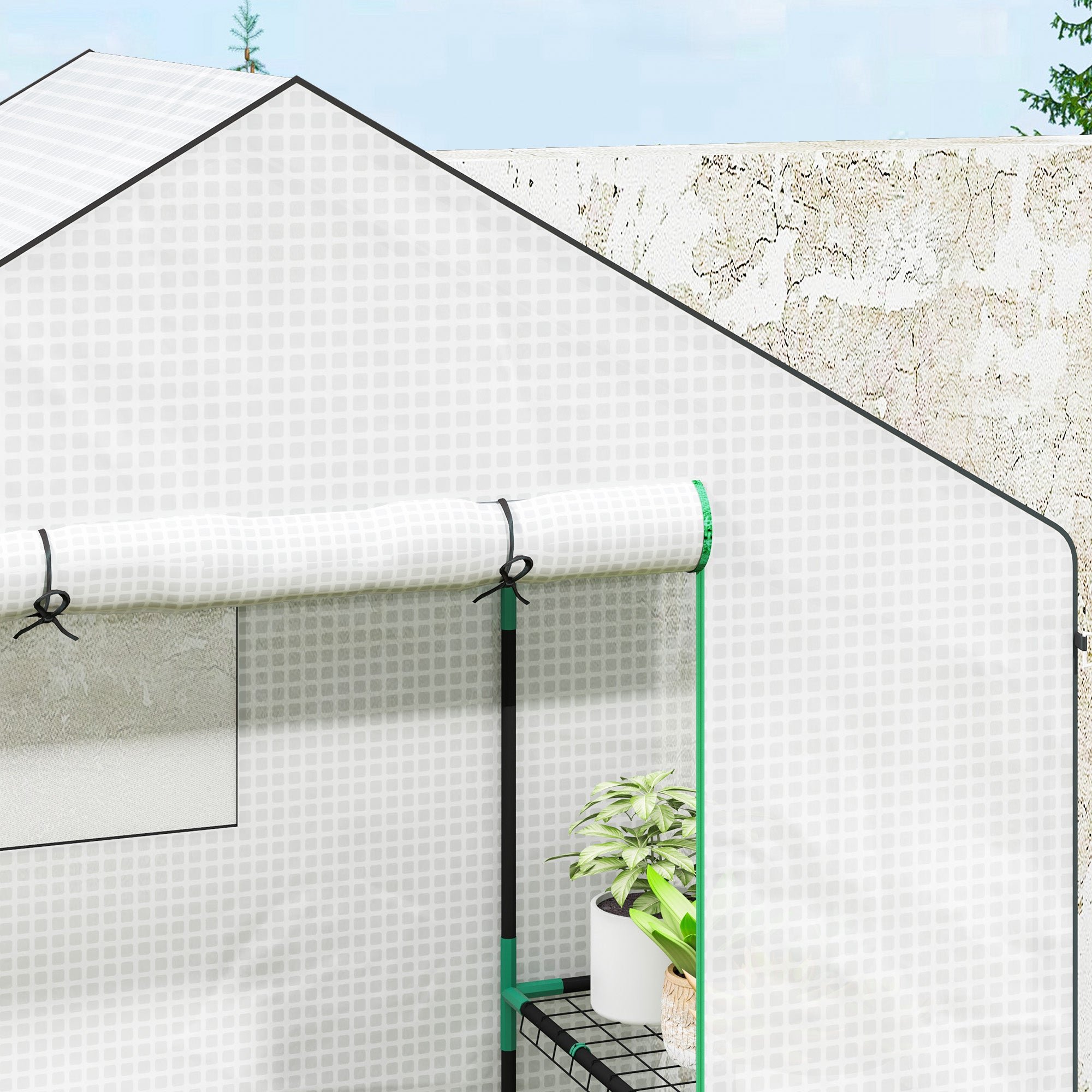 Outsunny Gewächshaus mit Regalen, Mini-Treibhaus, UV-beständig, Netzfenster, Reißverschlusstür, 143L x 74B x 190H cm, Weiß
