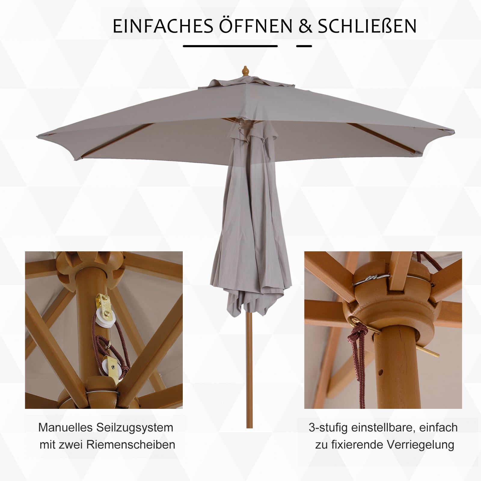 Outsunny Sonnenschirm Ø 250 cm, Sonnenschirm mit Seilzugmechanismus Balkonschirm Strandschirm aus Bambus windfest Marktschirm Sonnenschutz für Balkon Terrasse Garten, Grau
