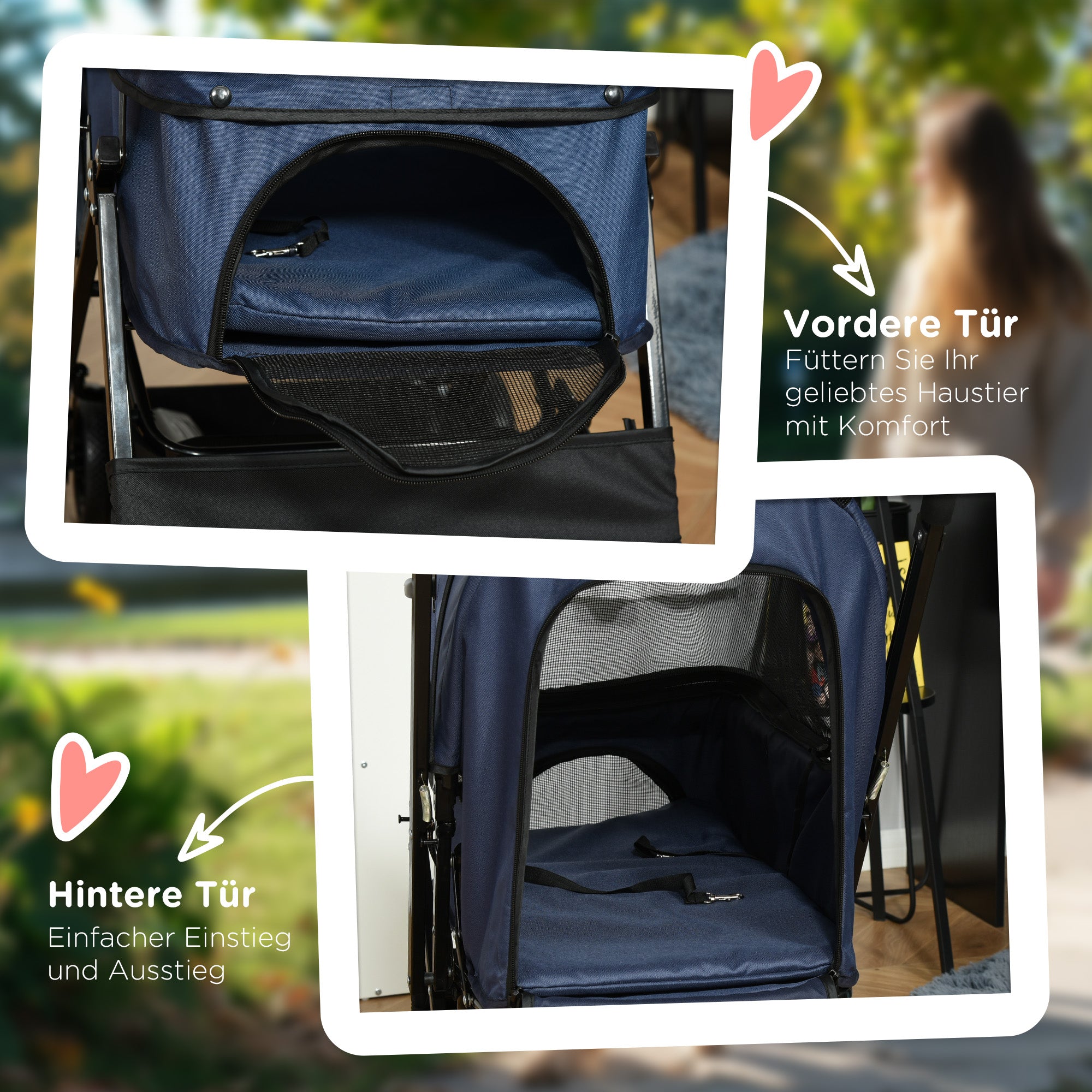 PawHut Hundewagen Hundebuggy bis 10kg verstellbares Vordach klappbar Bodenkorb 2 Bremsen Sicherheitsleine Blau
