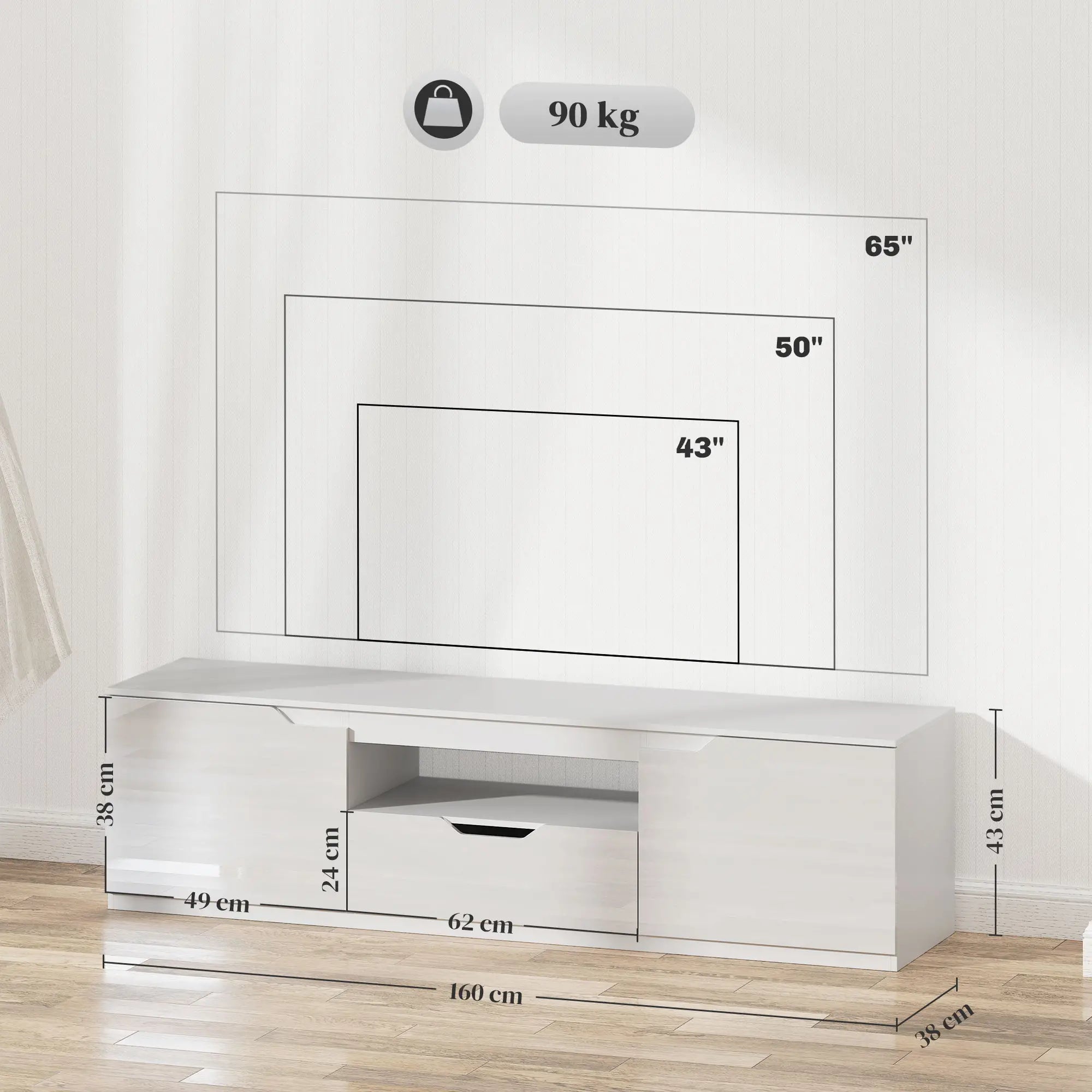 HOMCOM TV-Lowboard, Hochglanz, für Fernseher bis 65'', 3 Fächer, Schublade, 160 x 38 x 43 cm, Weiß