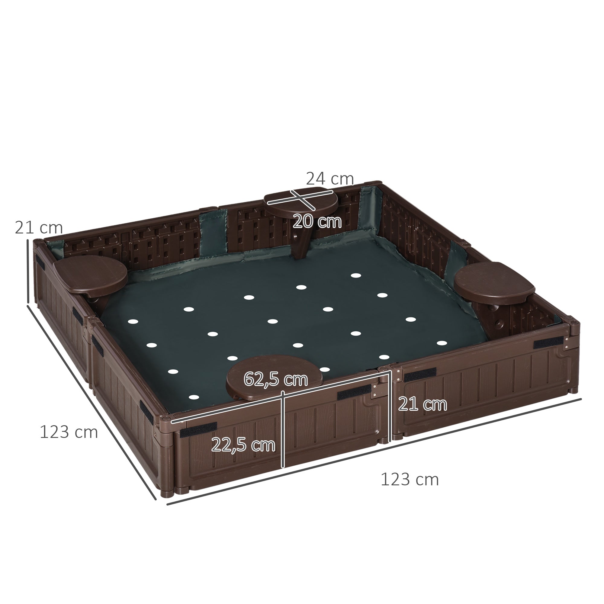 Outsunny Sandkasten mit Abdeckplane & Bodenplane, modulare Bauweise, 4 Sitze, 1,23L x 1,23B m, Braun