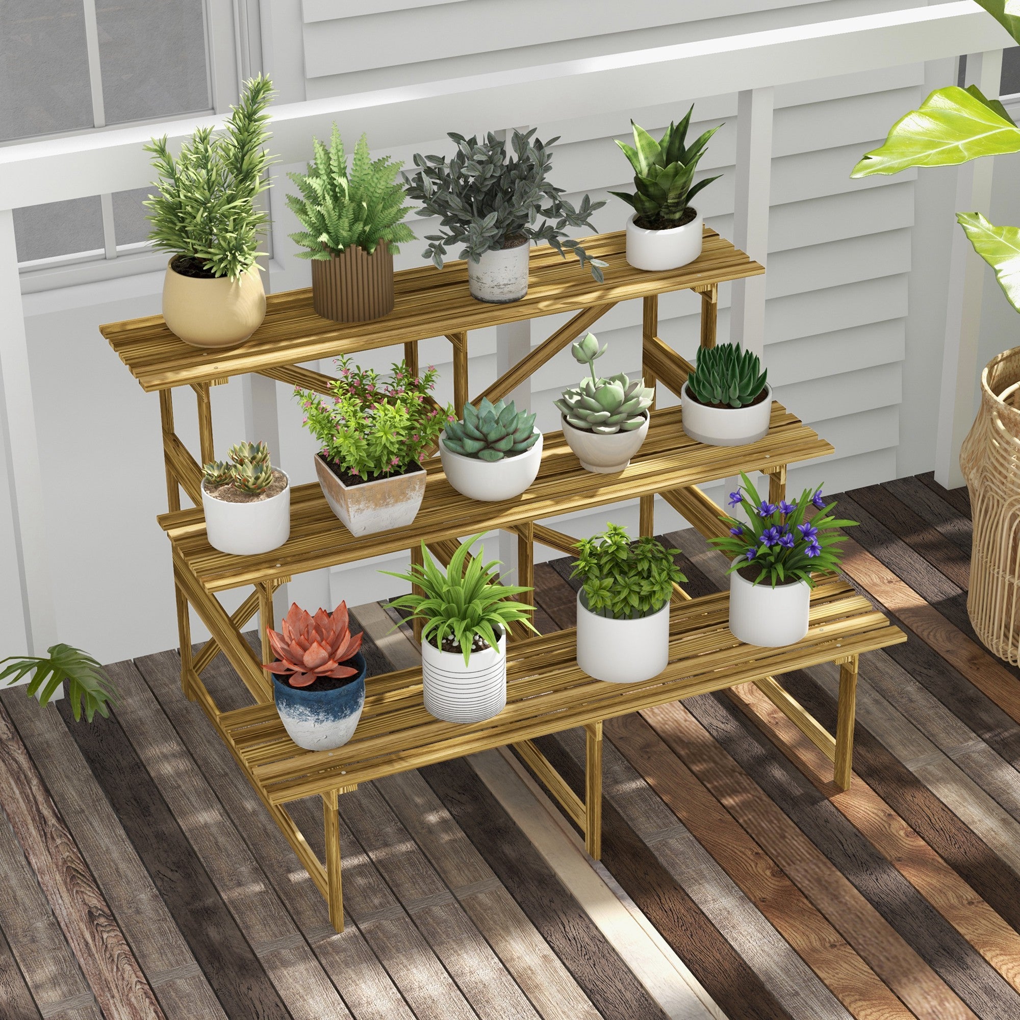 Outsunny Pflanzentreppe, Blumentreppe, Blumenregal, Pflanzregal, Blumenständer, 3 Stufen, Tannenholz, 120 x 80 x 78cm