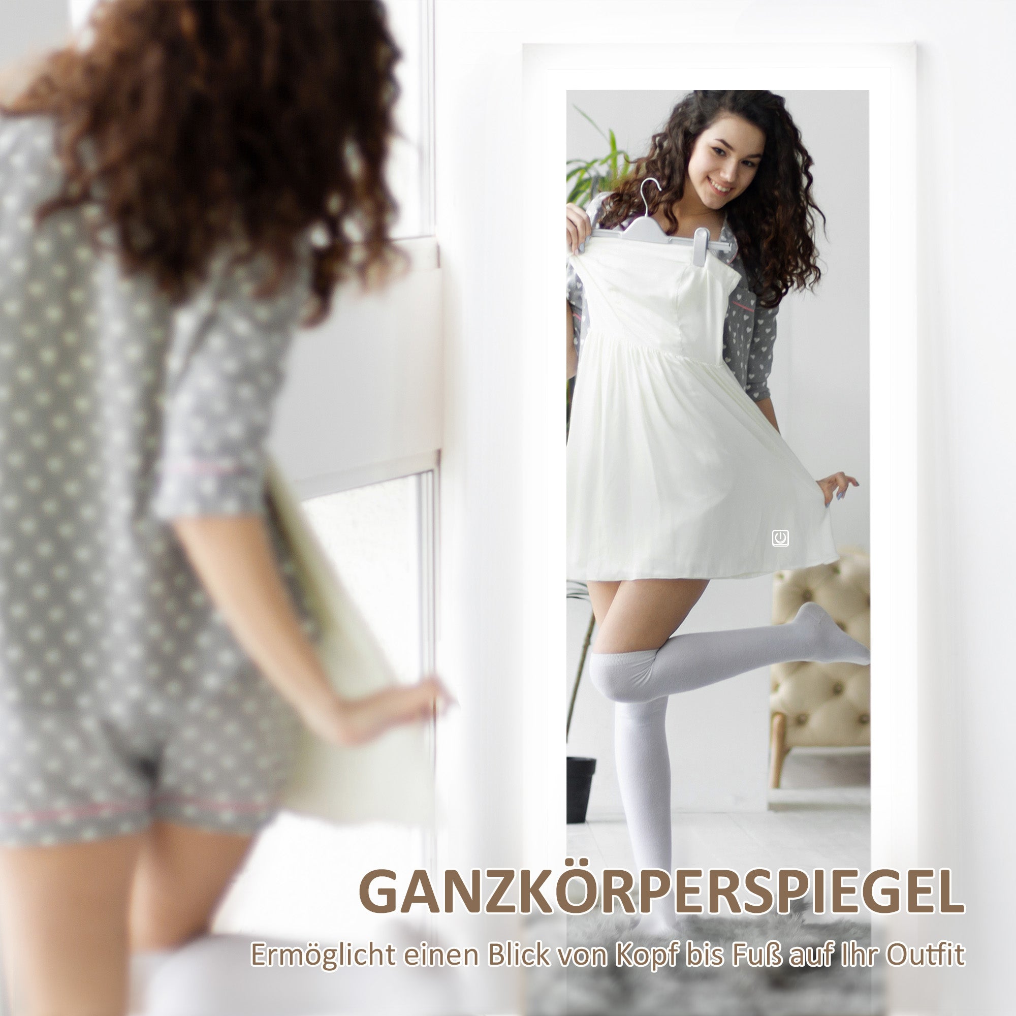 HOMCOM Ganzkörperspiegel, 40x160 cm, LED-Beleuchtung, Touch-Steuerung, dimmbar, 3 Farben, Weiß