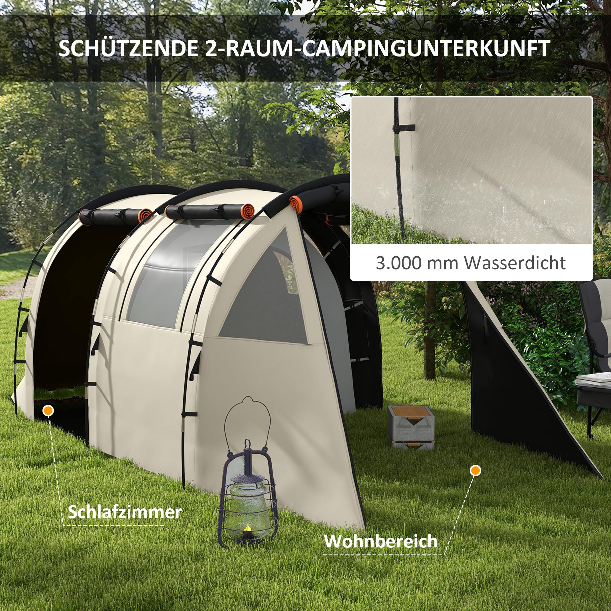 Outsunny Campingzelt für 4-5 Pers., abdunkelbare Fenster, wasserdicht, 180H x 460L x 230B cm, Khaki/Orange