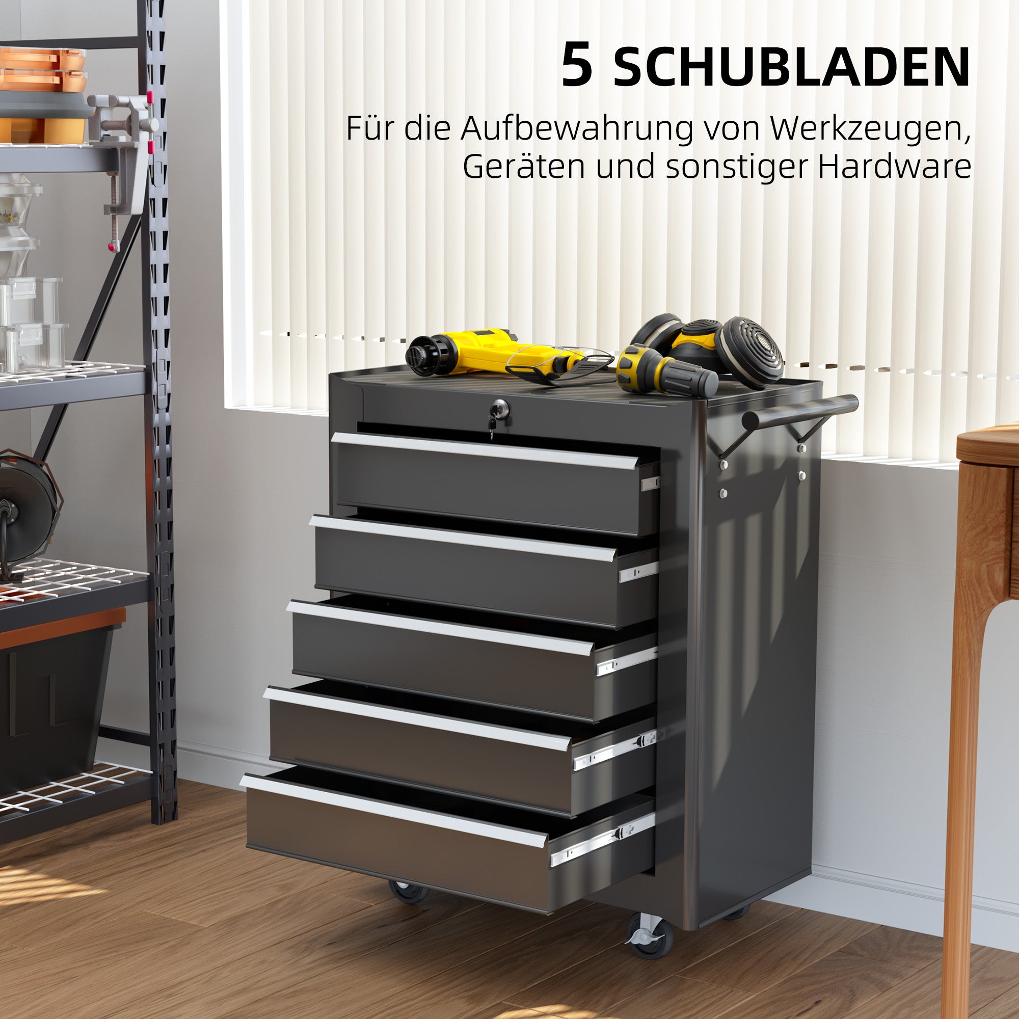 HOMCOM Werkzeugkiste, Werkzeugschrank, rollbar, 5 Schubladen, Stahl, Schwarz