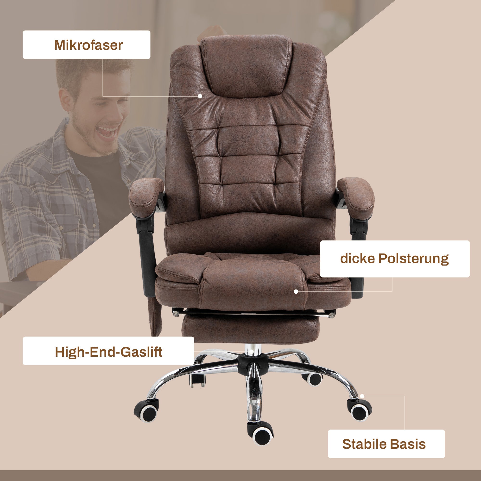 Vinsetto Massage-Bürostuhl, Liege- & Wärmefunktion, drehbar, ergonomisch, bis 120 kg, Braun