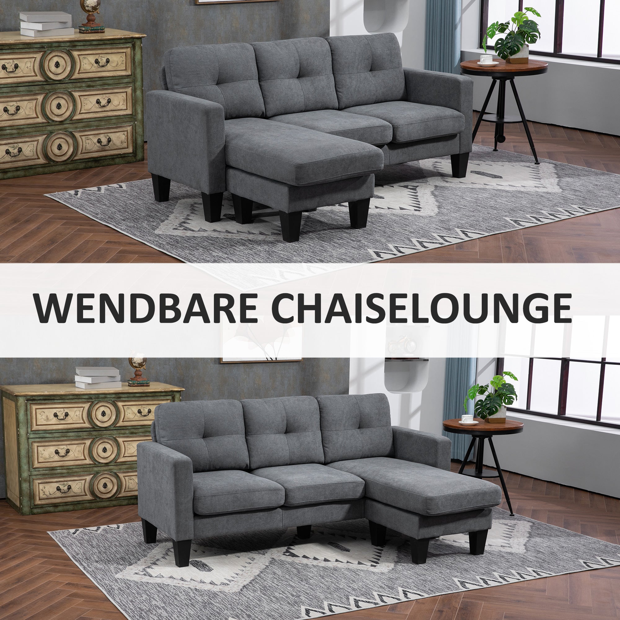 HOMCOM Ecksofa in L-Form, beidseitig anbringbare Chaiselongue, Polstersofa, Dunkelgrau