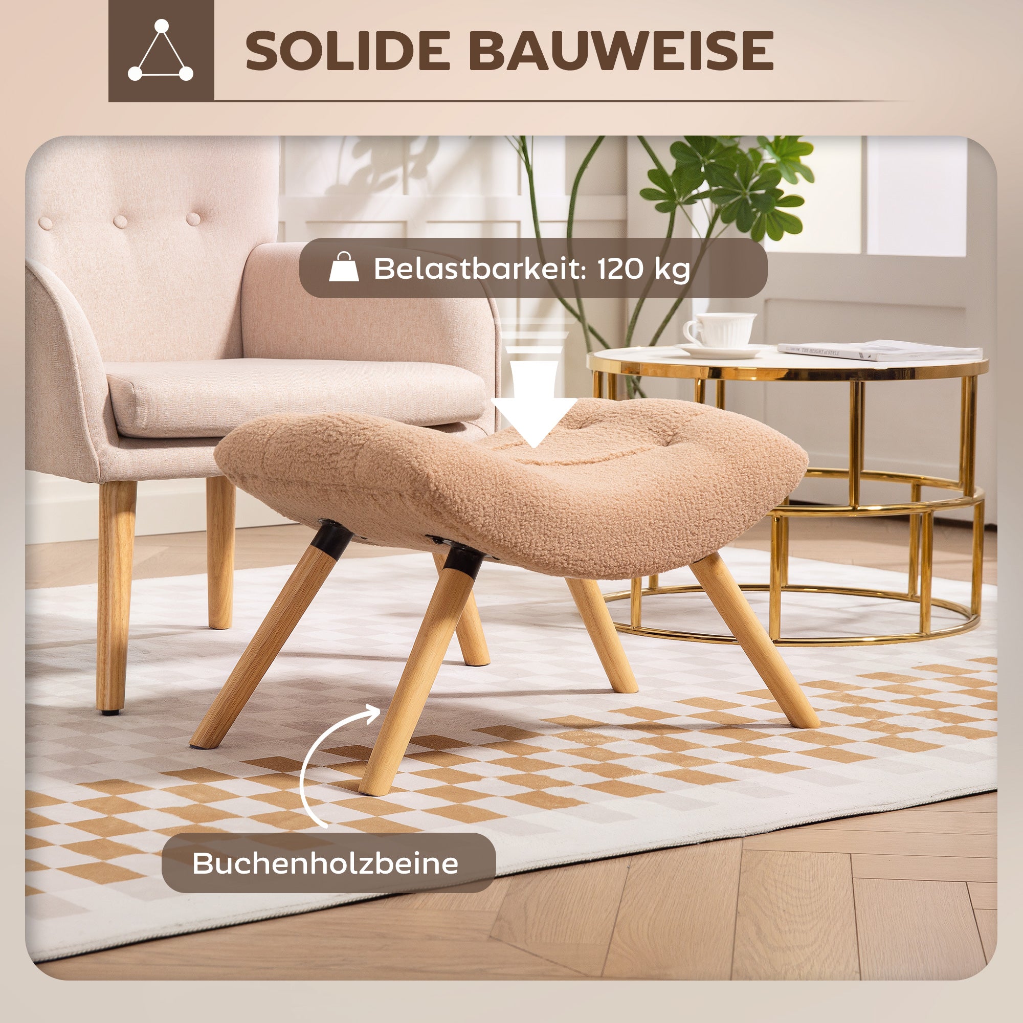 HOMCOM Moderner Fußhocker mit Fleece-Bezug und Holzbeinen, gepolstert, für Wohnzimmer, Schlafzimmer, Flur, Braun