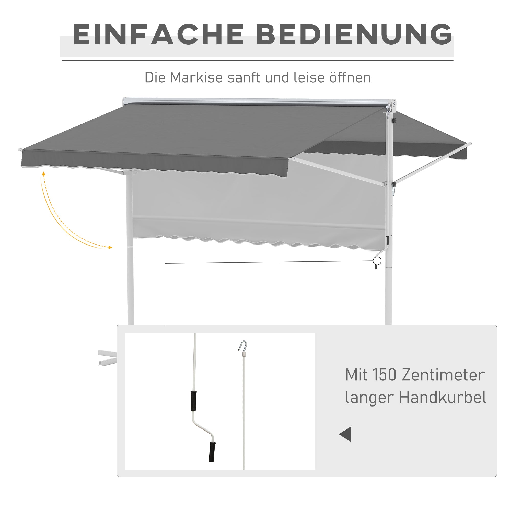 Outsunny Standmarkise Gartenmarkise Markise mit Faltarm Kurbel Terrasse Grau 3x3m