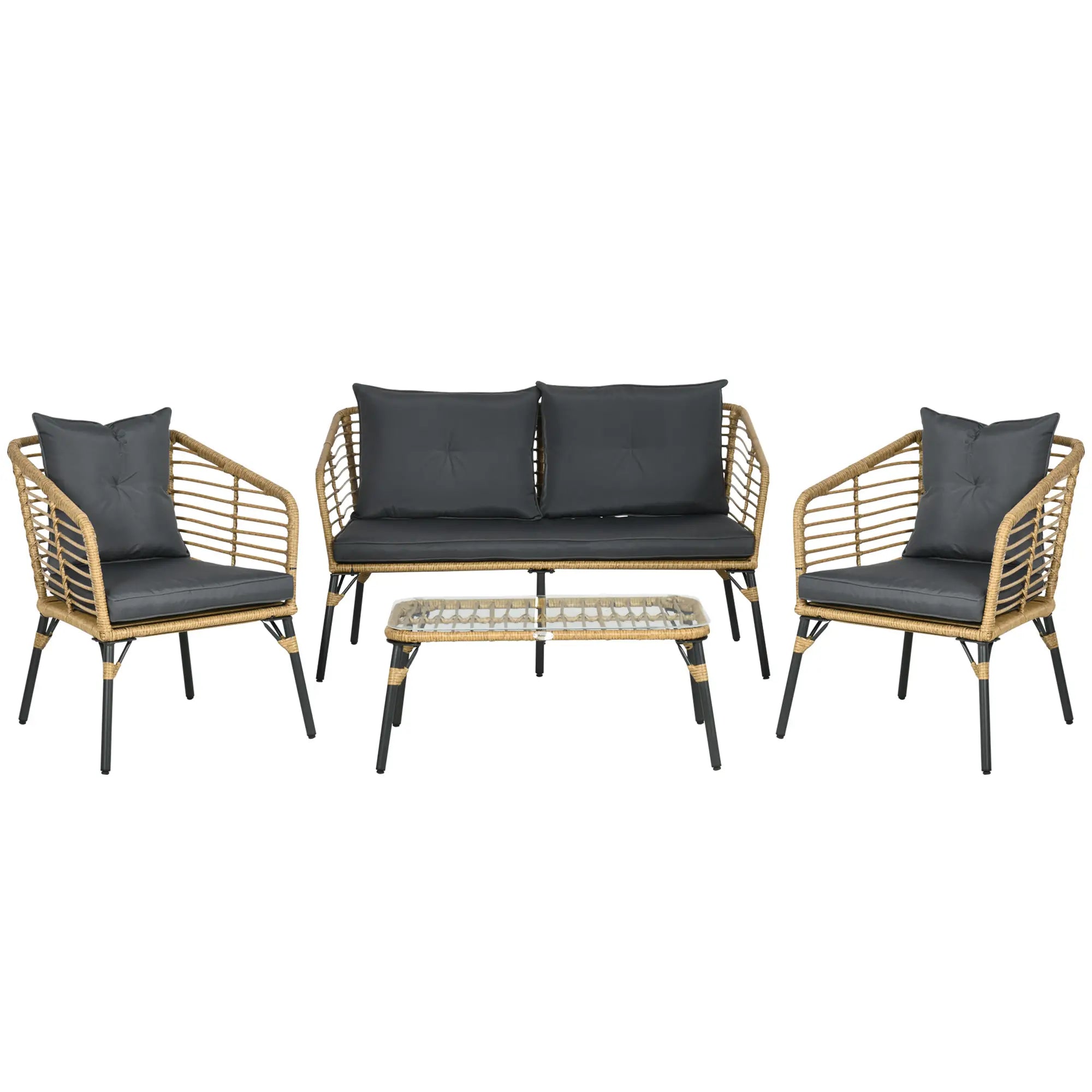 Outsunny Gartenmöbel-Set für 4 Personen, Rattan Sitzgarnitur mit Kissen, Balkonmöbel im Boho-Stil, Sand+Dunkelgrau