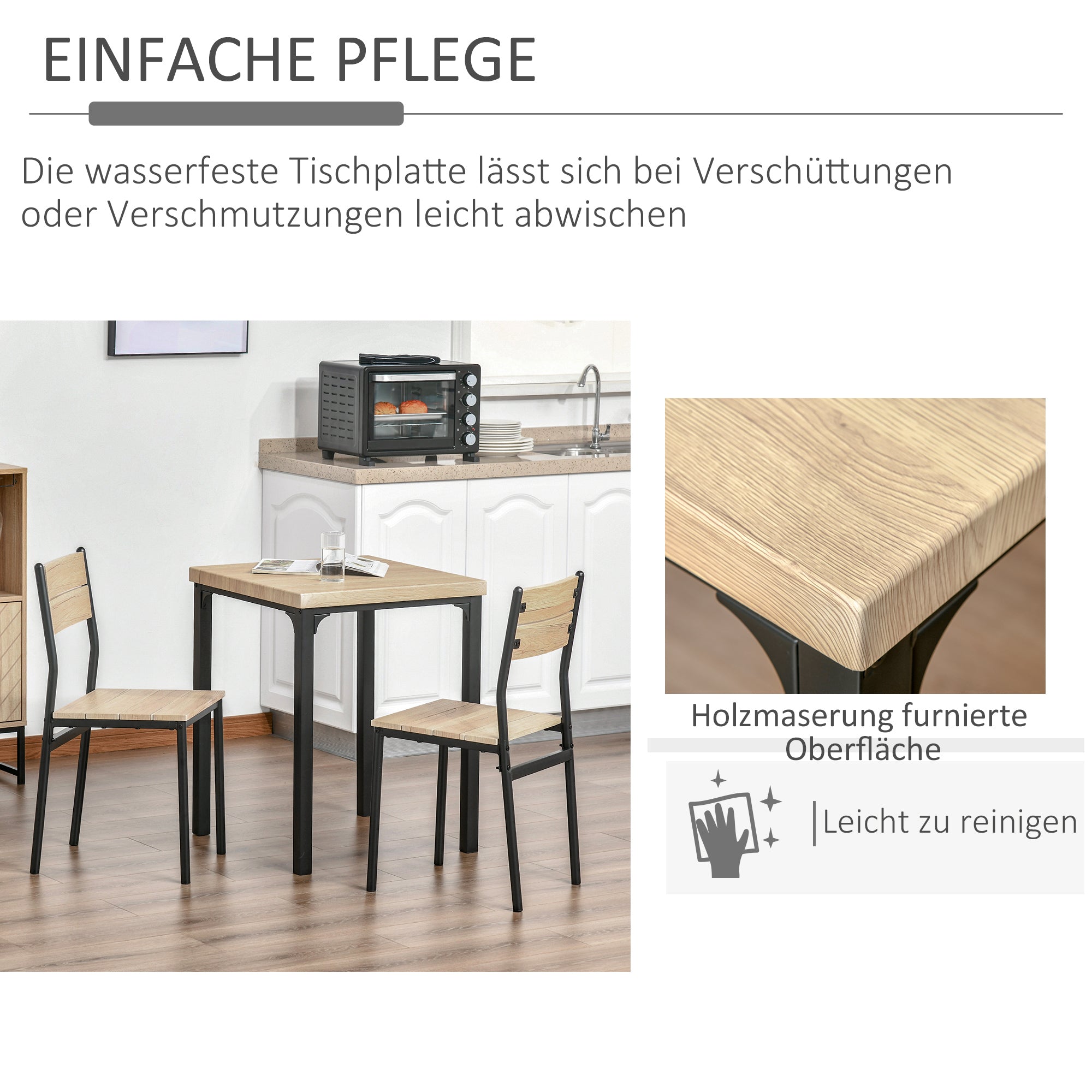 HOMCOM 3-teilige Esstisch Küchentisch mit Stühlen Set Naturholzmaserung + Schwarz mit 1 Tisch + 2 Stühlen