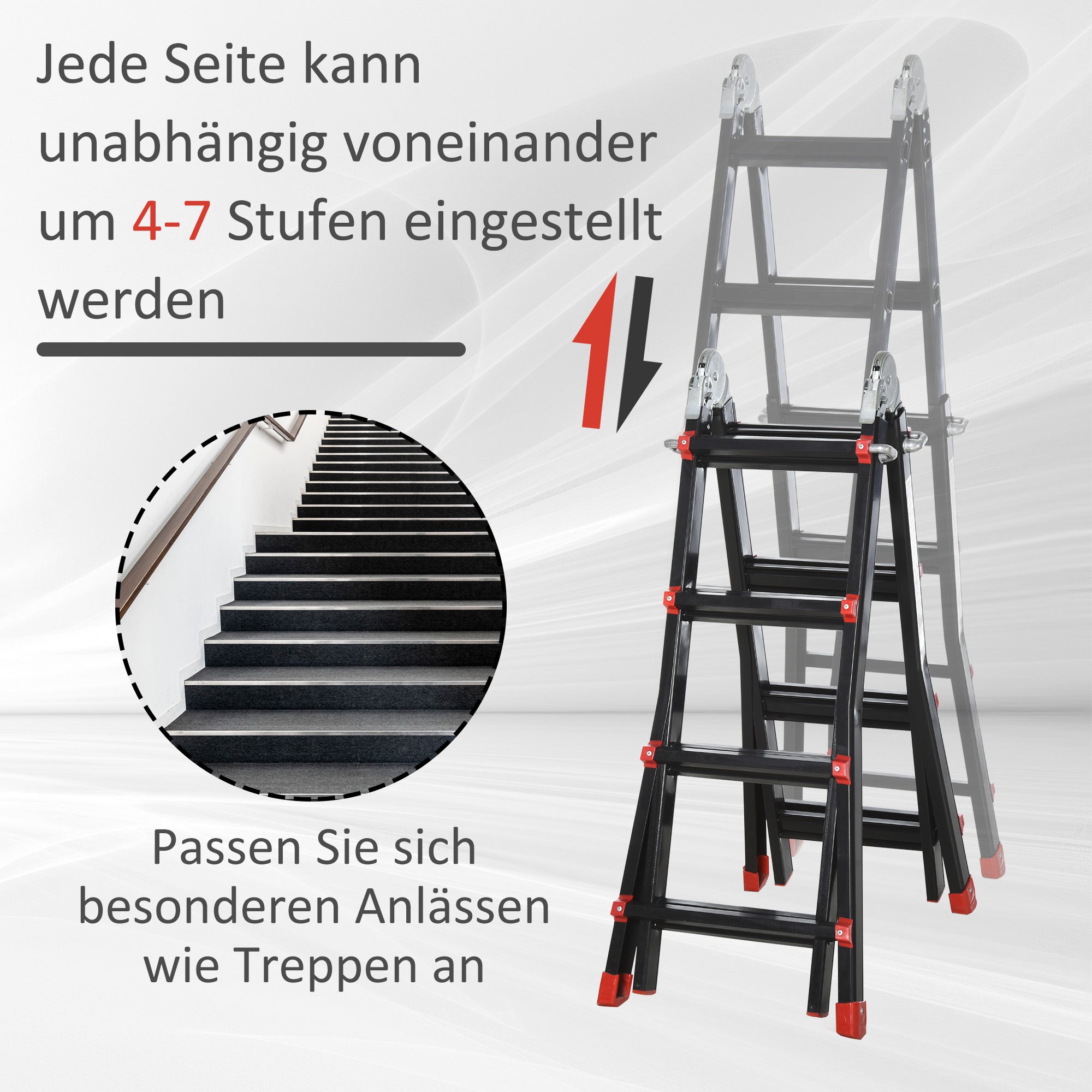 HOMCOM Teleskopleiter, rutschfeste Stufen, bis 150 kg belastbar, Aluminium, Schwarz+Rot