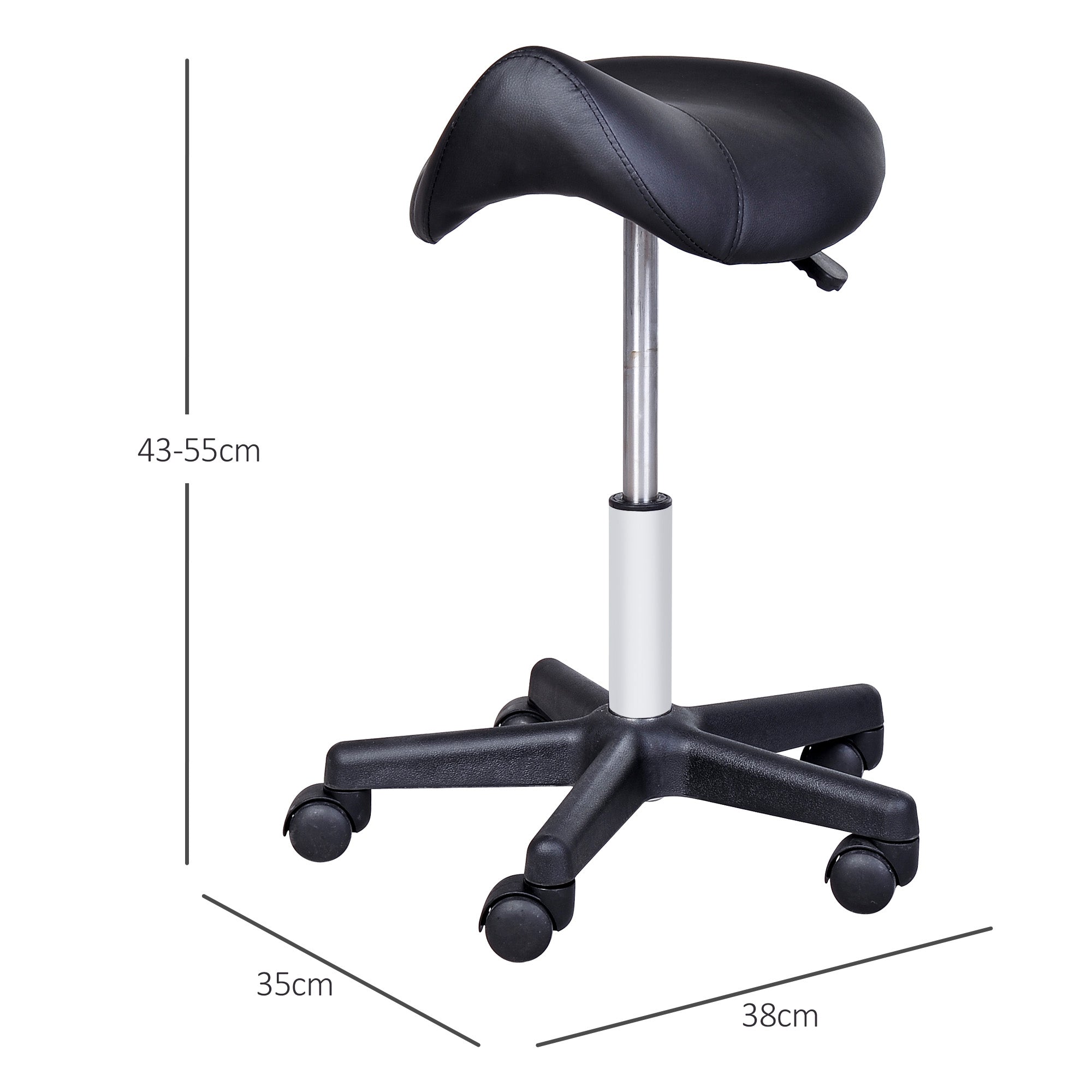 HOMCOM Rollhocker, sattelförmiger Sitz, höhenverstellbar, um 360° drehbar, Kunstleder, schwarz, 35 x 38 x 45-55 cm