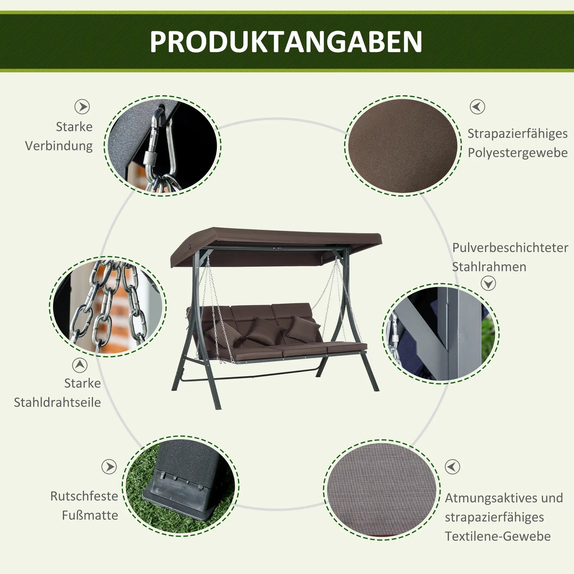 Outsunny Hollywoodschaukel, für 3 Personen, verstellbares Sonnendach, bis 270 kg, braun, 198 x 118 x 168 cm