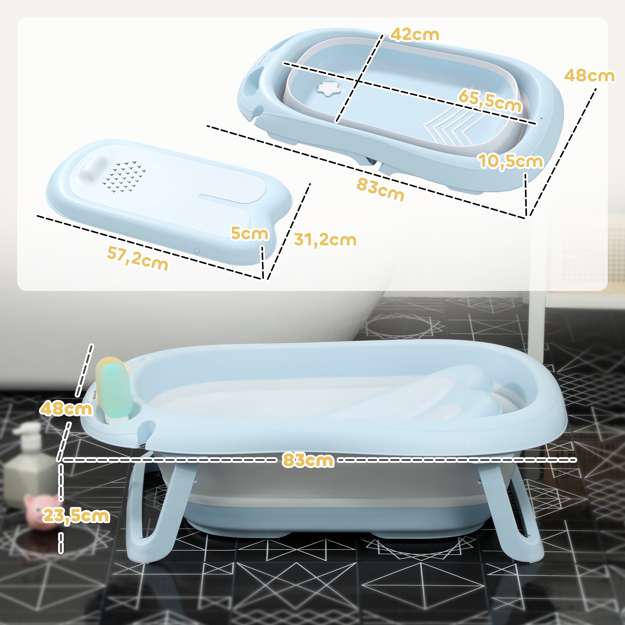 AIYAPLAY Babybadewanne, faltbar, rutschfester Boden, sichere Materialien, 83L x 48B x 23,5H cm, Hellblau