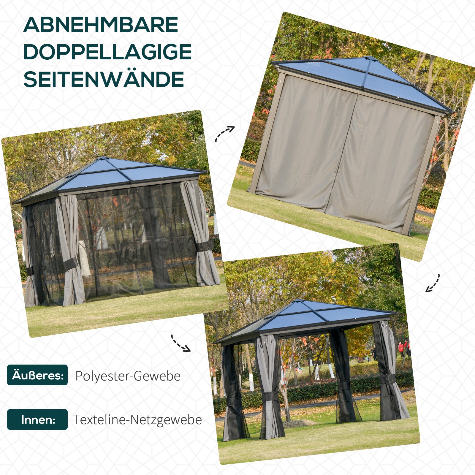 Outsunny Pavillon mit Polycarbonatdach, Vorhänge mit Fliegennetz, Alugestell, grau, 3 x 3 x 2,6 m