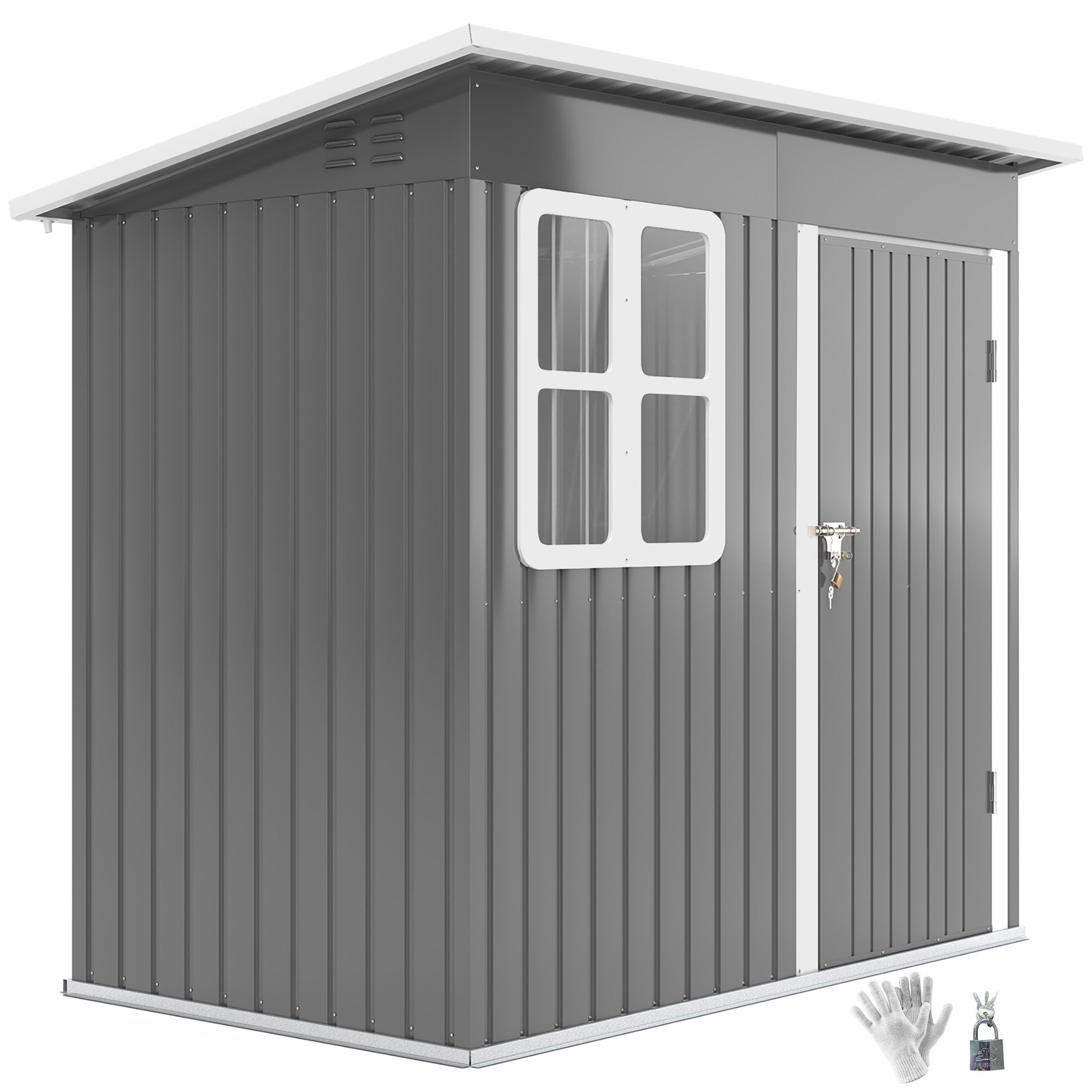 Outsunny Gartenschuppen, Gartenhaus mit Fenster, verschließbare Tür, für Garten, Terrasse, Stahl, 221L x 133B x 190H cm, Grau
