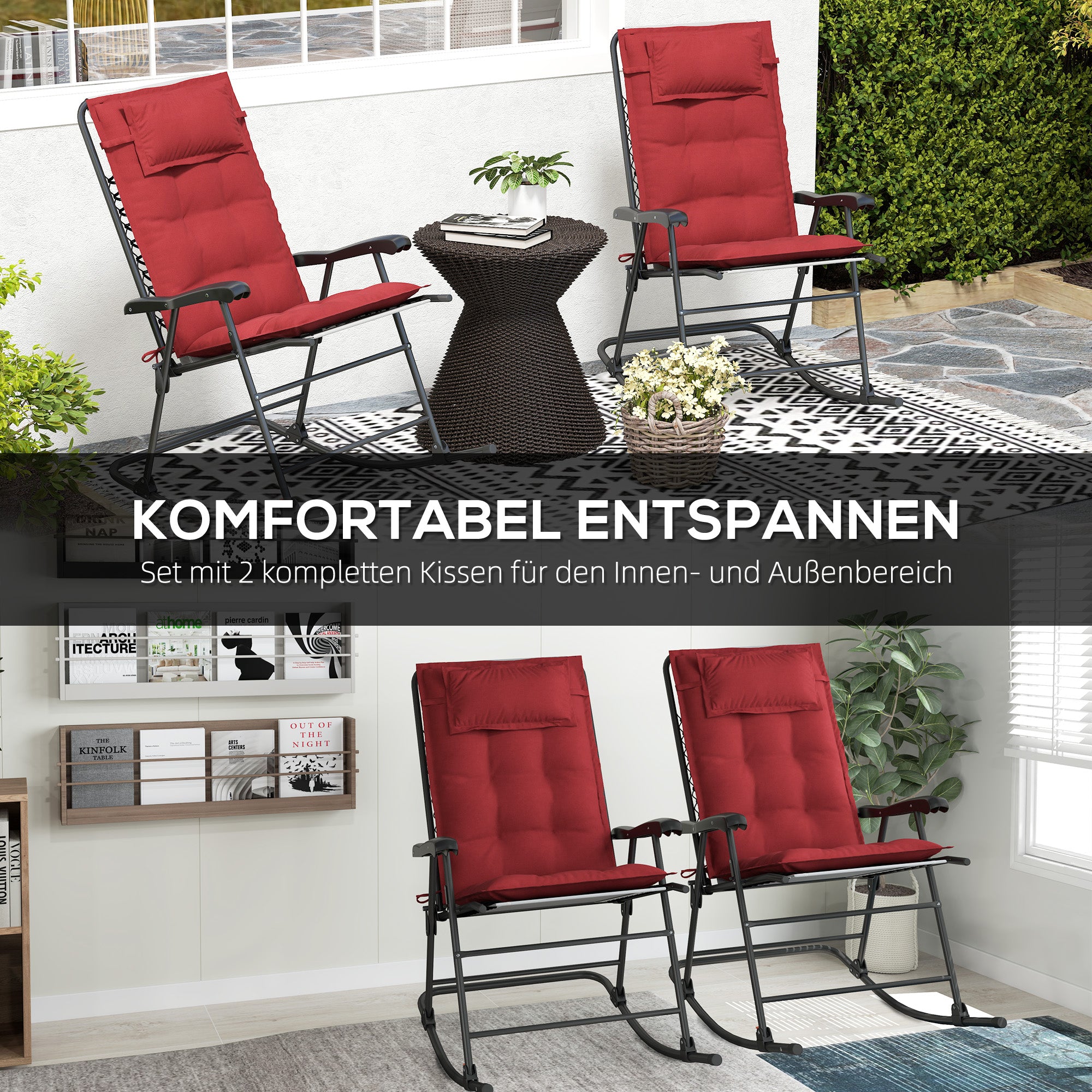Outsunny 2er Set Auflage für Sonnenliege Wasserabweisend Liegenauflage für Gartenliege Polsterauflage 50x116x5 cm, Weinrot