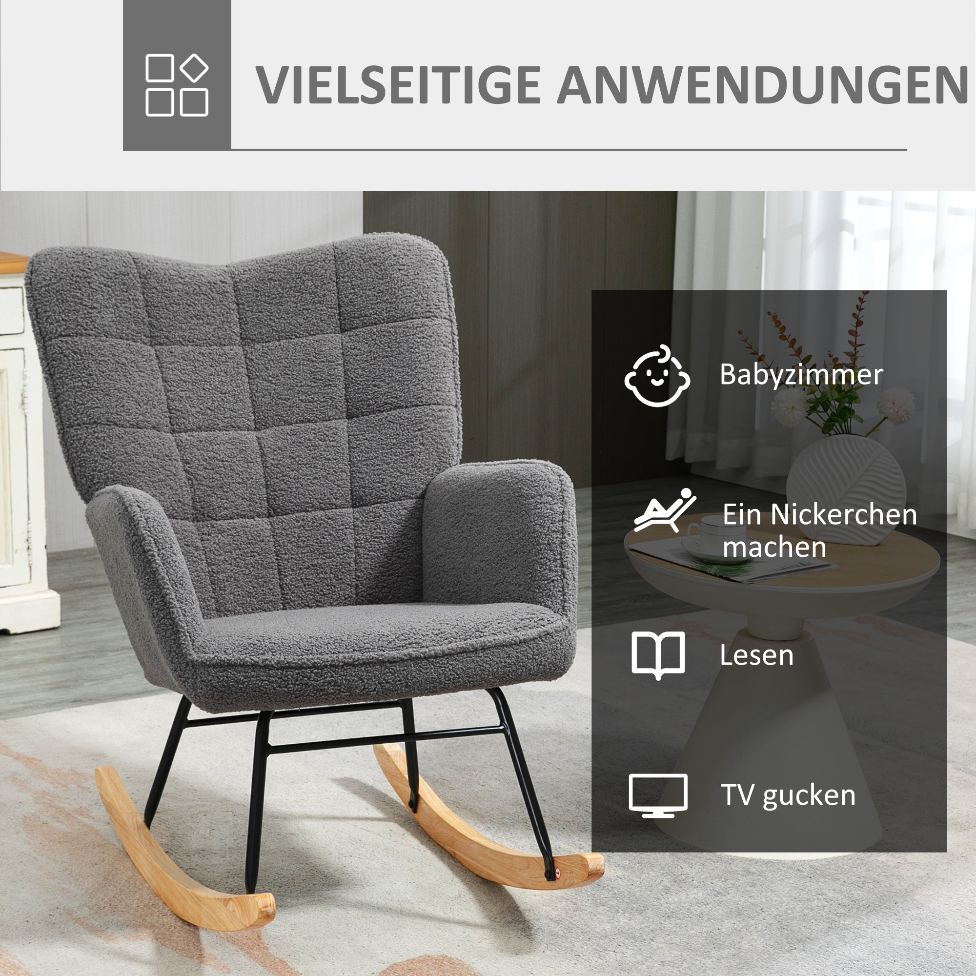 HOMCOM Schaukelstuhl im Retro-Design, Massivholz, Sessel, Relaxsessel, 98 cm x  71 cm x 101 cm, Dunkelgrau