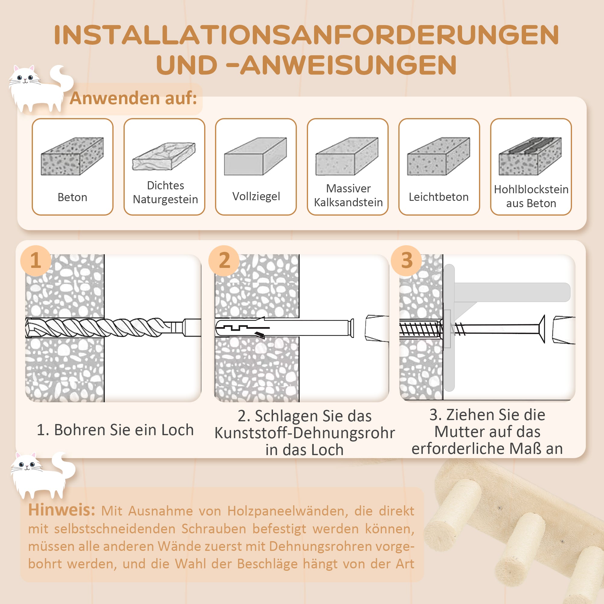PawHut Katzentreppen-Set, Wand- und Deckenmontage, für Katzen bis 5 kg, Beige