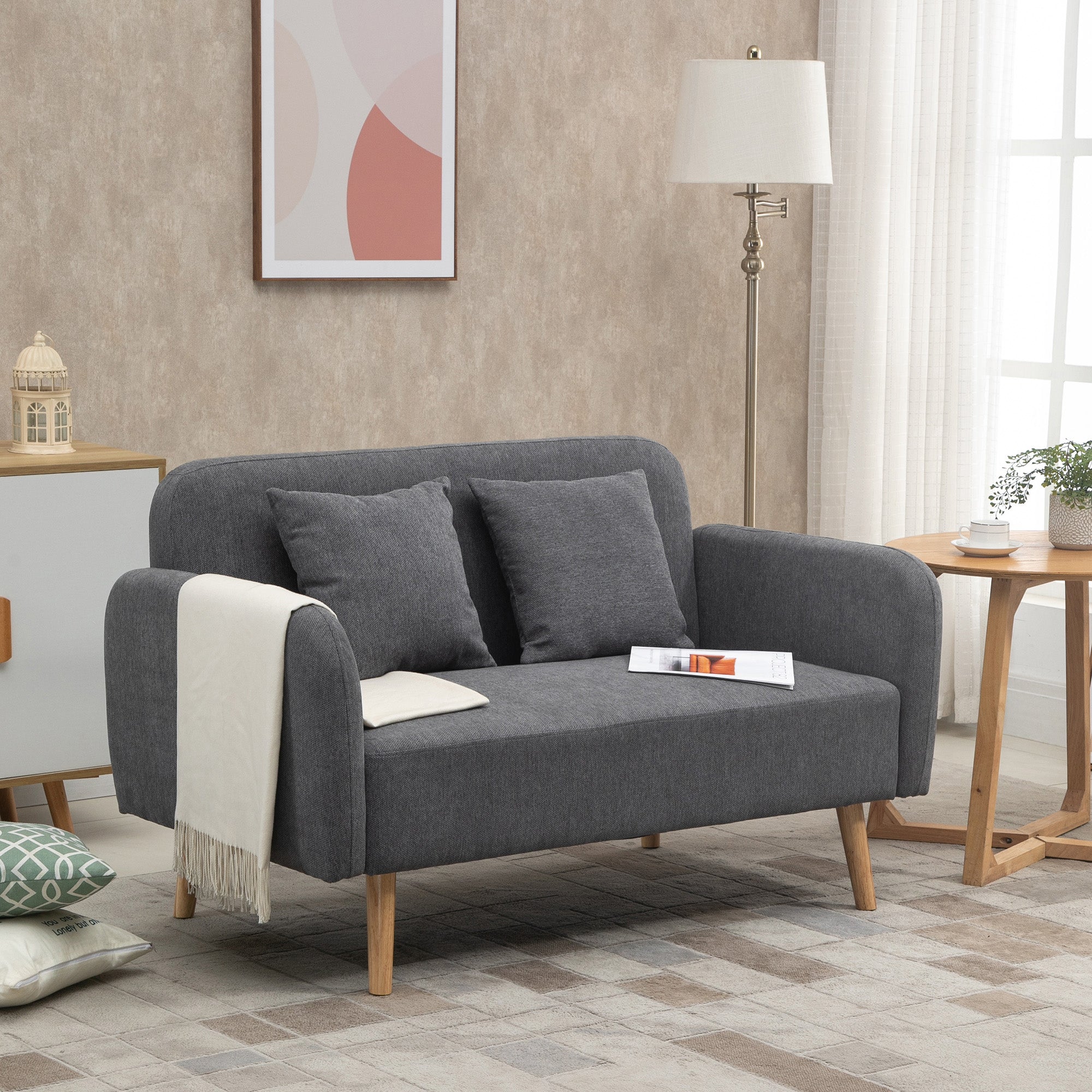 HOMCOM 2 Sitzer Sofa, Couch mit 2 Wurfkissen, gepolsterter Doppelsofa, Polstersofa mit Samtopik, Armlehne, Loveseat für Wohnzimmer, Schlafzimmer,  130 x 70 x 80 cm, Grau