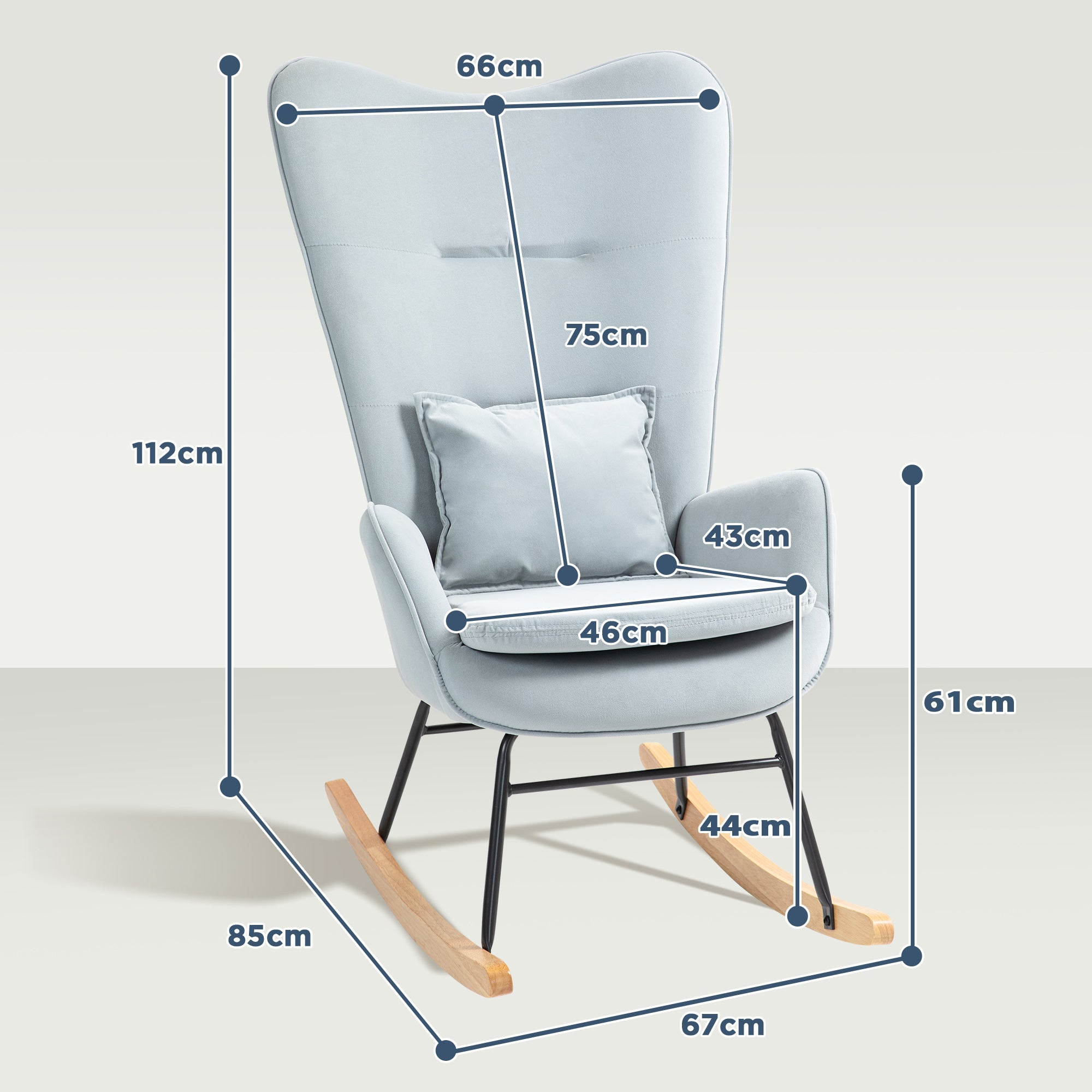 HOMCOM Schaukelstuhl, weicher Bezug in Samtoptik, mit Lendenkissen, bis 120 kg belastbar, 67 x 85 x 112 cm, Hellgrau