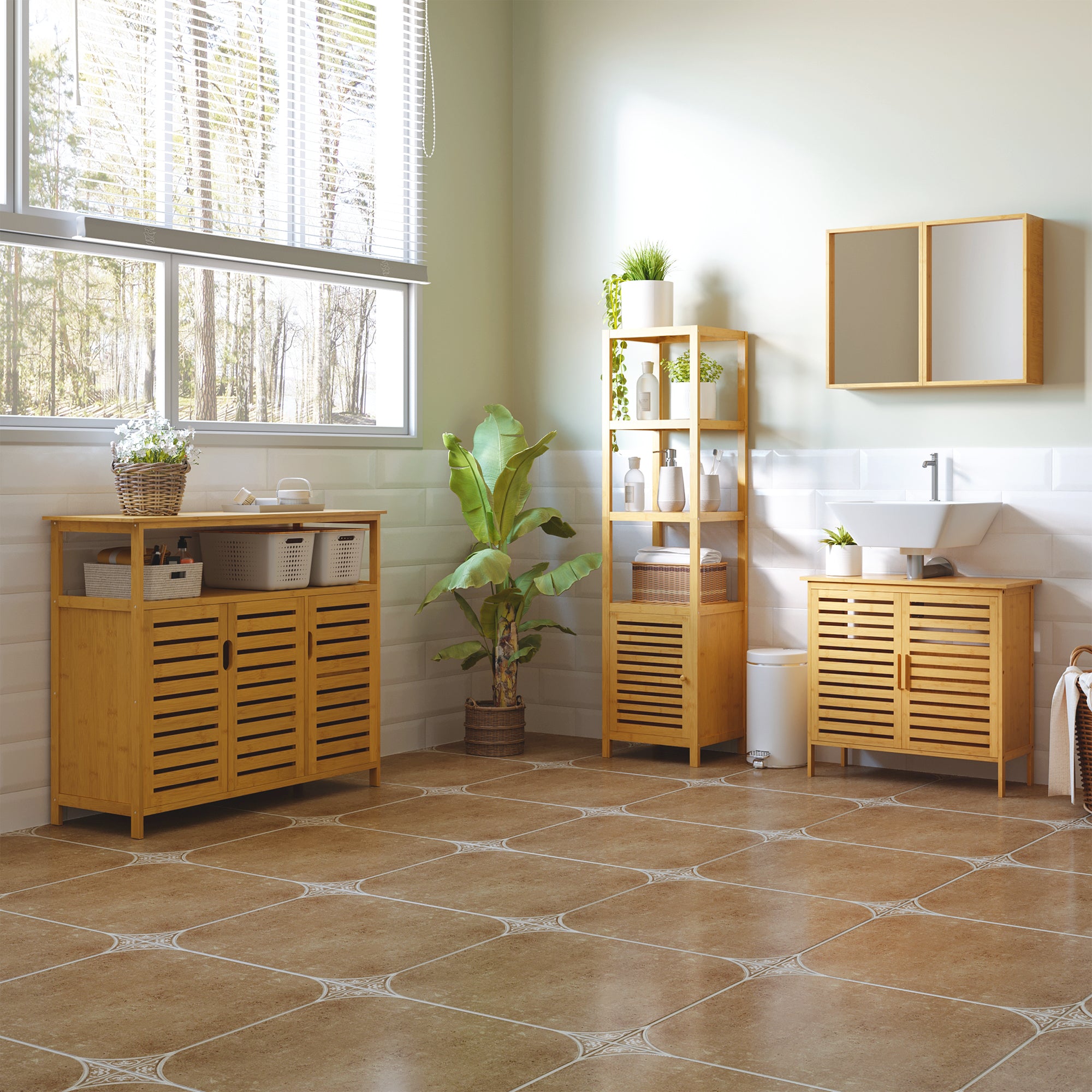 HOMCOM Badezimmerschrank, freistehend, 3 Regalböden, schmal & hoch, Lamellentür, 36 x 33 x 140cm