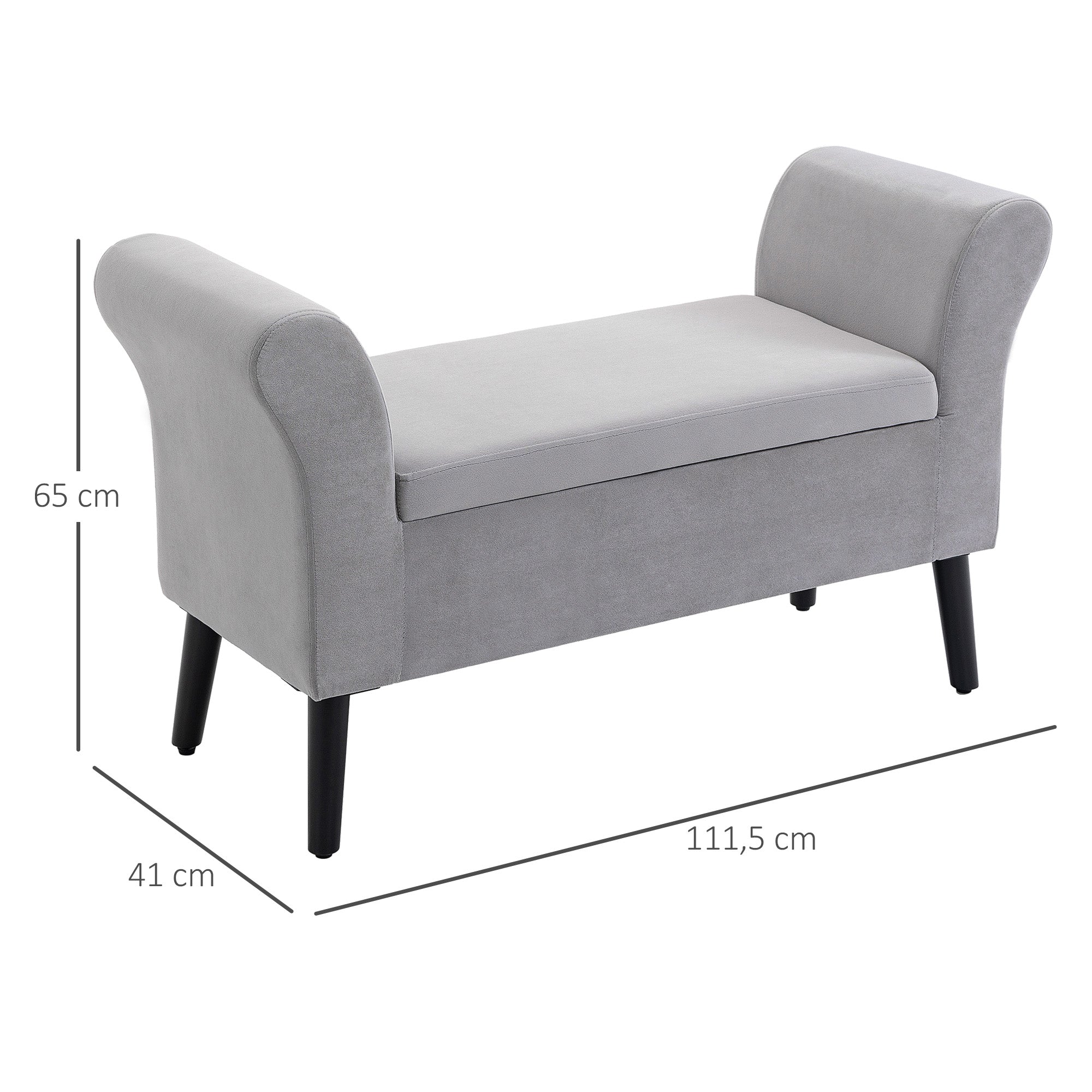 HOMCOM Polsterbank mit Stauraum, Truhenbank mit Armlehnen, 46 cm Sitzhöhe, samtartiges Polyester, 111,5 x 41 x 65 cm, Hellgrau