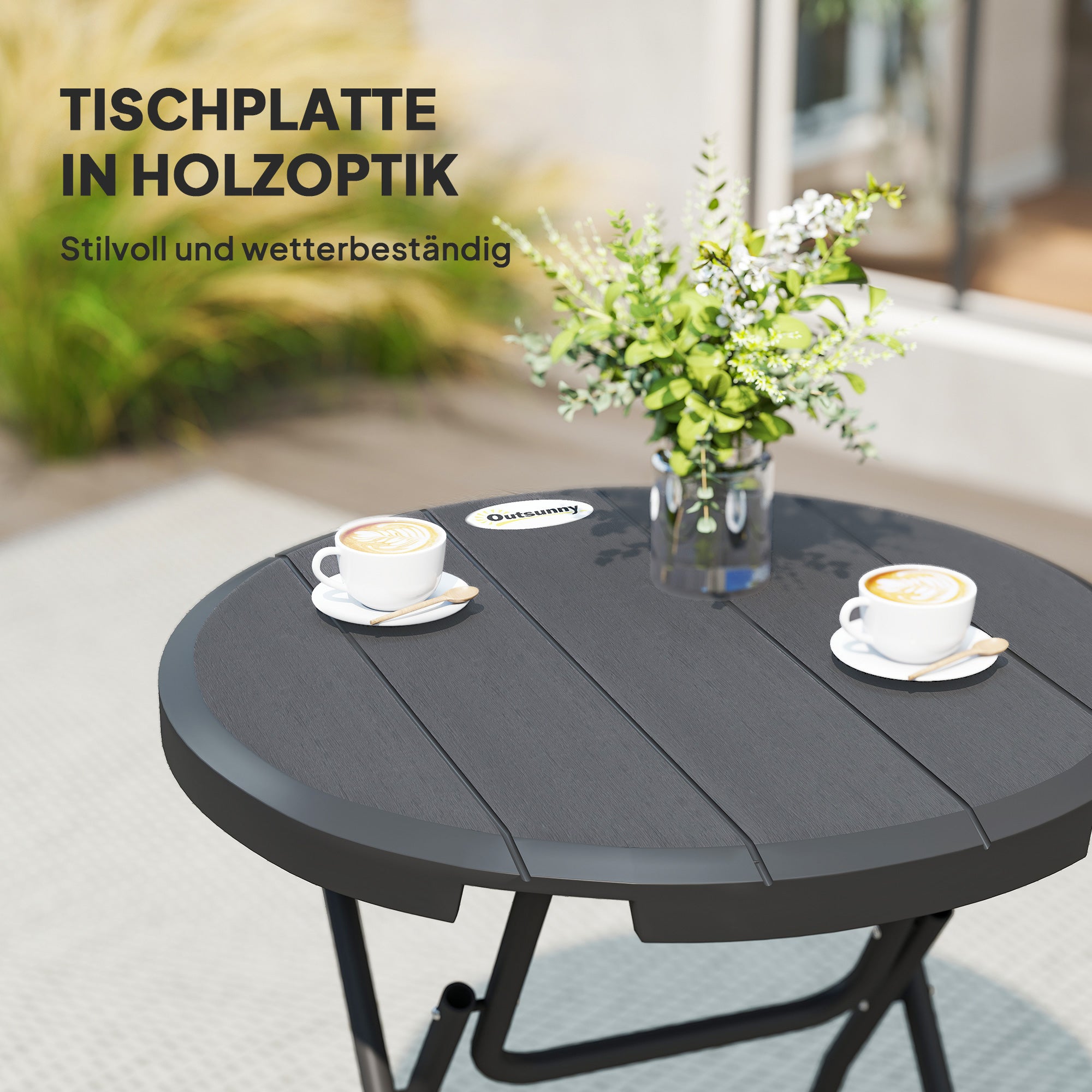 Outsunny Gartentisch, rund, klappbar, für 4 Personen, Holzoptik, Stahl+Kunststoff, dunkelgrau, 80 x 80 x 73 cm
