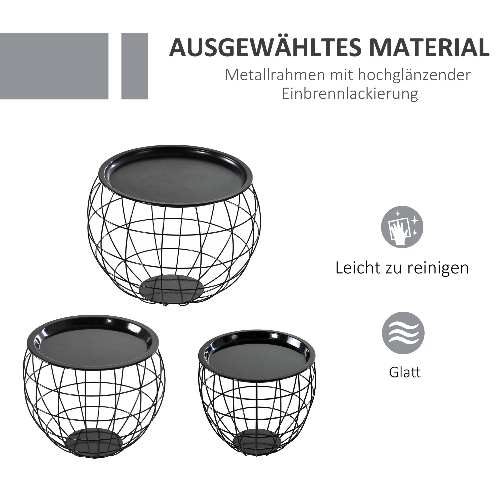 HOMCOM Couchtisch-Set 3-teilig, abnehmbare Tischplatte, Stahlrahmen, Schwarz glänzend, verschiedene Größen