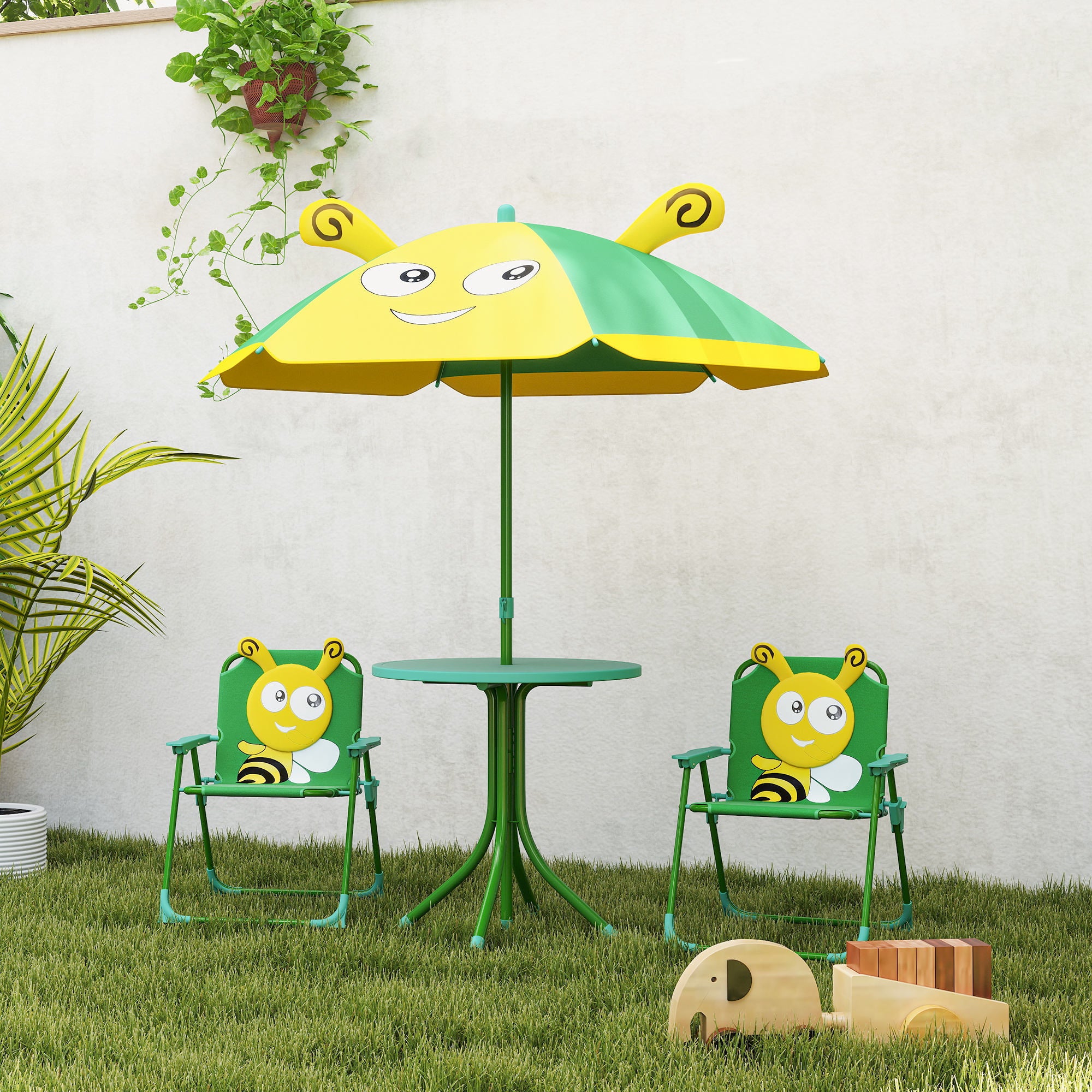 AIYAPLAY Gartenmöbel-Set für Kinder, Stühle, Tisch, Sonnenschirm, Bienen-Design, Grün+Gelb