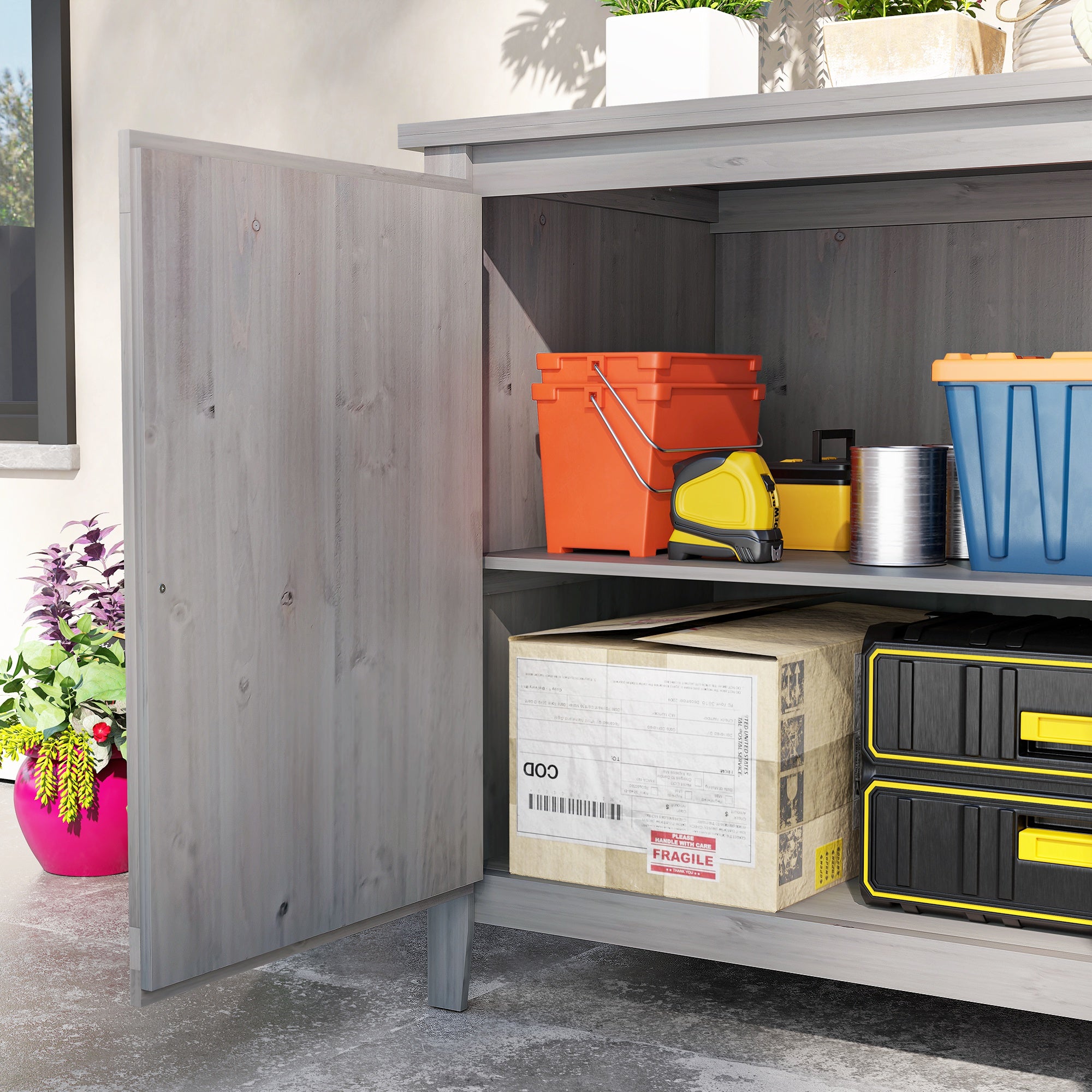 Outsunny Gartenschrank, Holzschrank für Gartengeräte, Outdoor-Schrank für Terrasse, mit Doppeltüren, Scheunendesign, Hellgrau