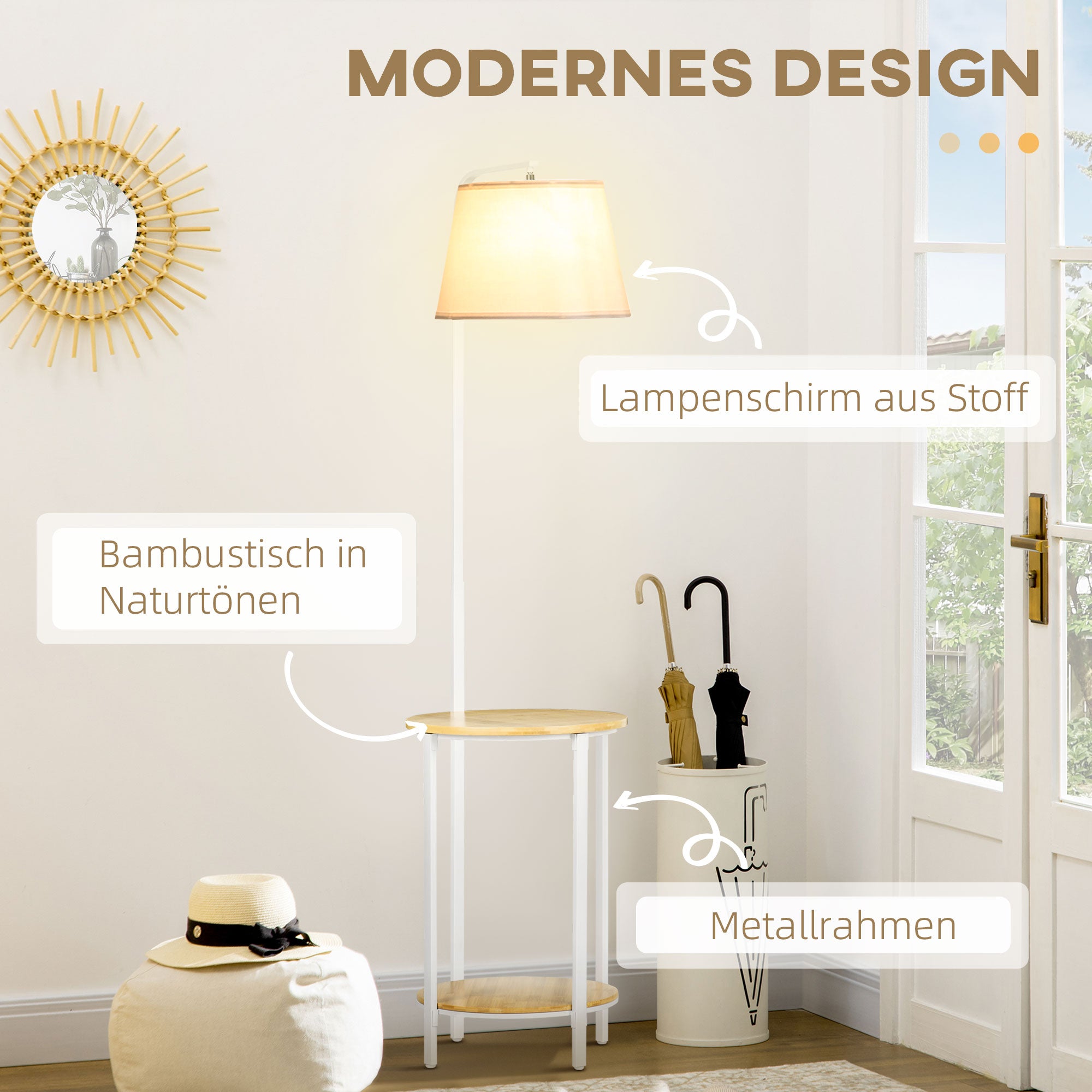 HOMCOM Stehleuchte mit 2 Regalen, Standleuchte, Fußschalter, 40 W. E 27, Natur + Weiß