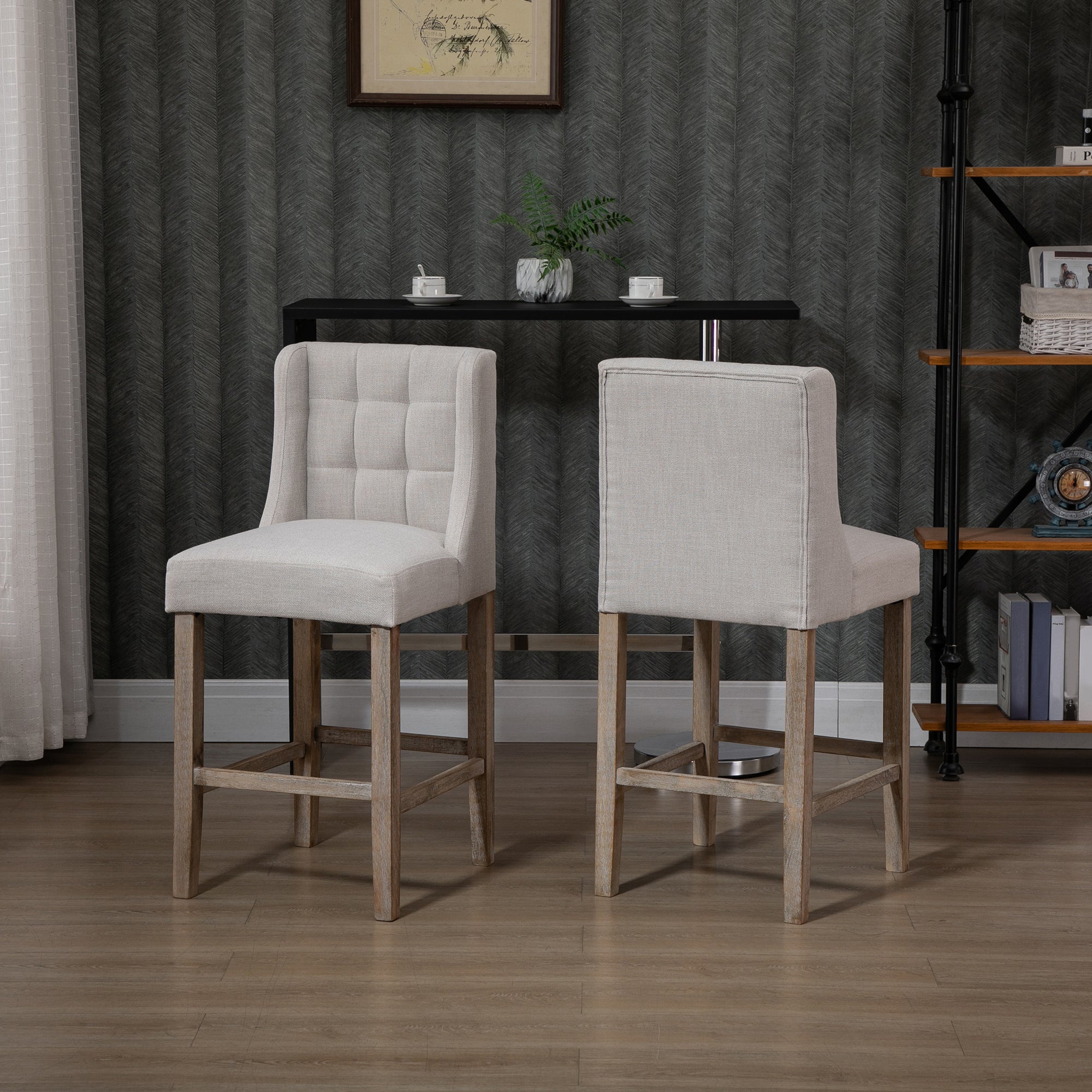 HOMCOM 2er-Set Barhocker mit lehne Barstühle mit Knopfheftung, Massivholz, inkl. Fußstütze, 47 cm x 50 cm x 101 cm, Grau + Natur