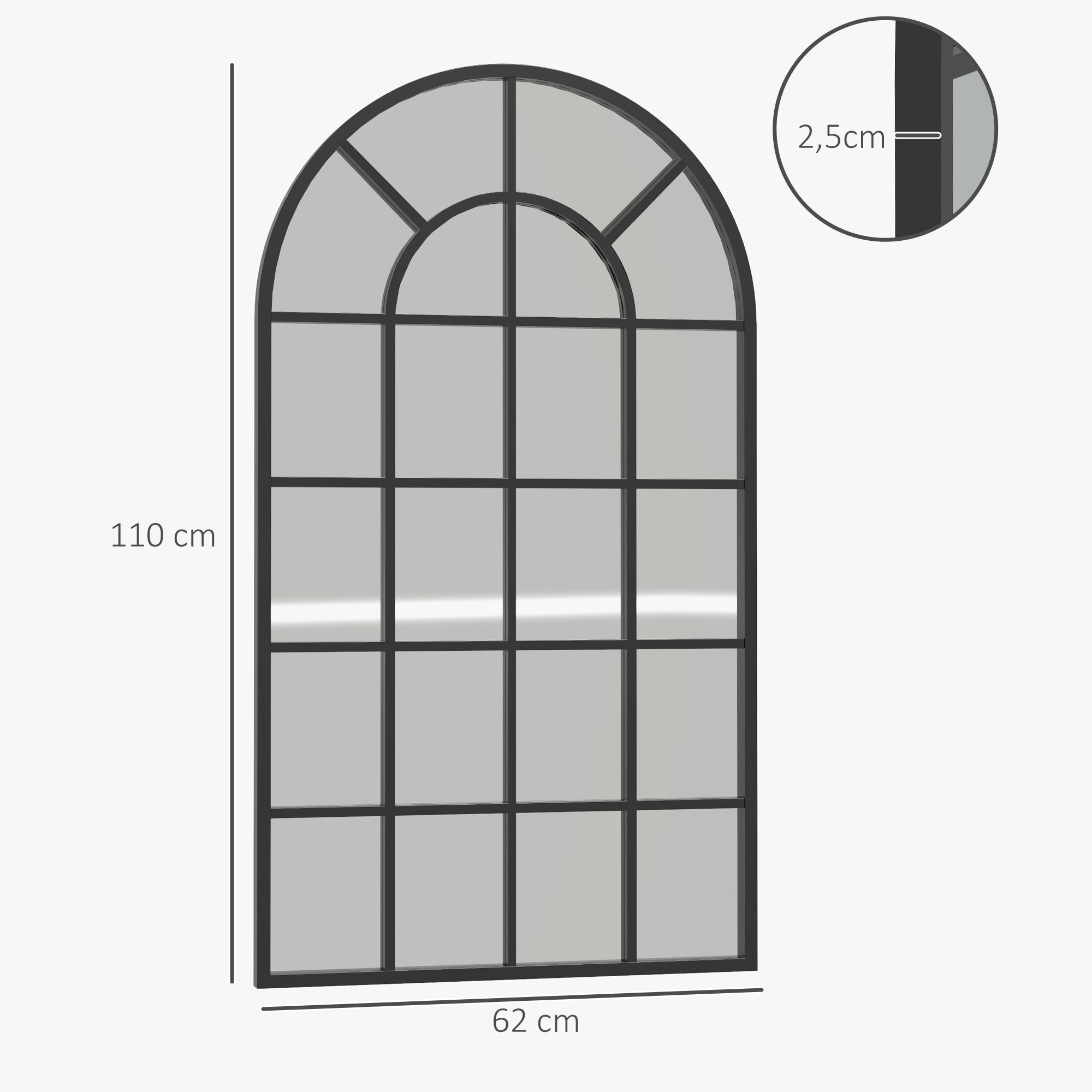 HOMCOM Dekospiegel großer Spiegel, Fensteroptik, Bogenförmig, inkl. Aufhängung. Schwarz + Spiegelglas