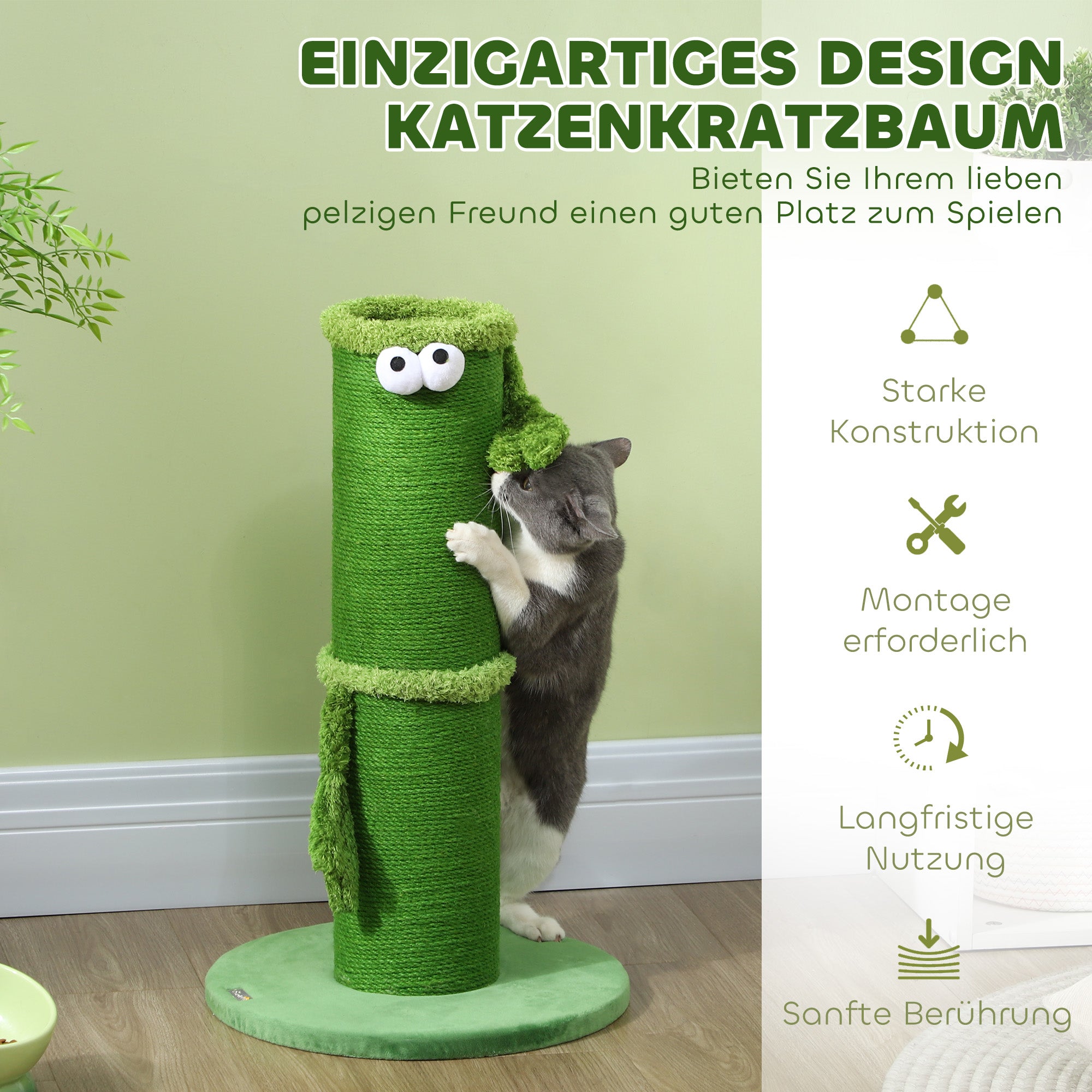 PawHut Katzenkratzpfosten für den Innenbereich, 63 cm, Sisalseil, breite Basis, Kratzbaum, niedliches Design, Grün
