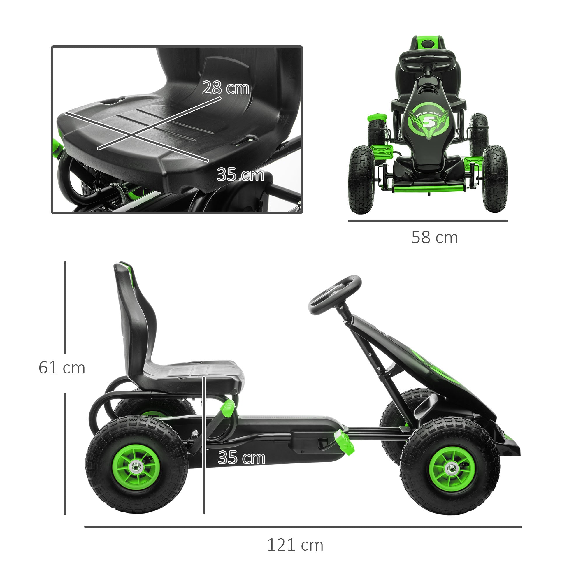 HOMCOM Kinder-Gokart, mit Pedalen, verstellbarem Sitz, In- und Outdoor, ab 5 Jahren, Grün+Schwarz, 121 x 58 x 61 cm