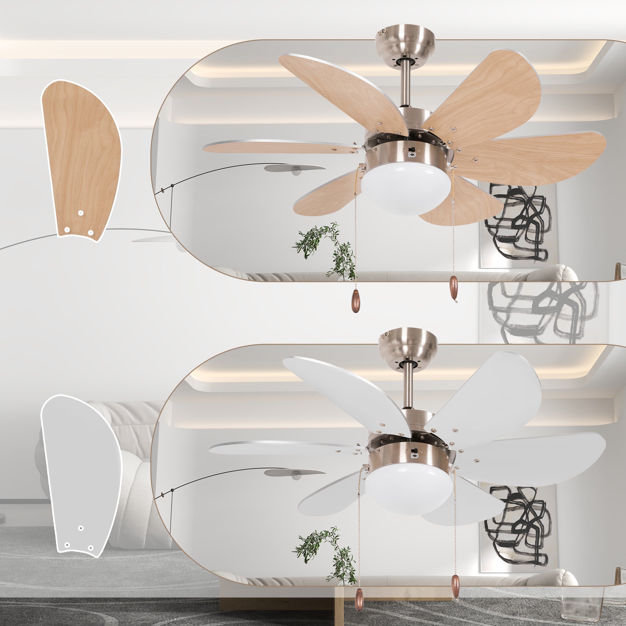 HOMCOM Deckenventilator Deckenventilator mit Licht, Kettenzugschalter, 3 Geschwindigkeiten, 76 cm x 76 cm x 41,5 cm, Weiß