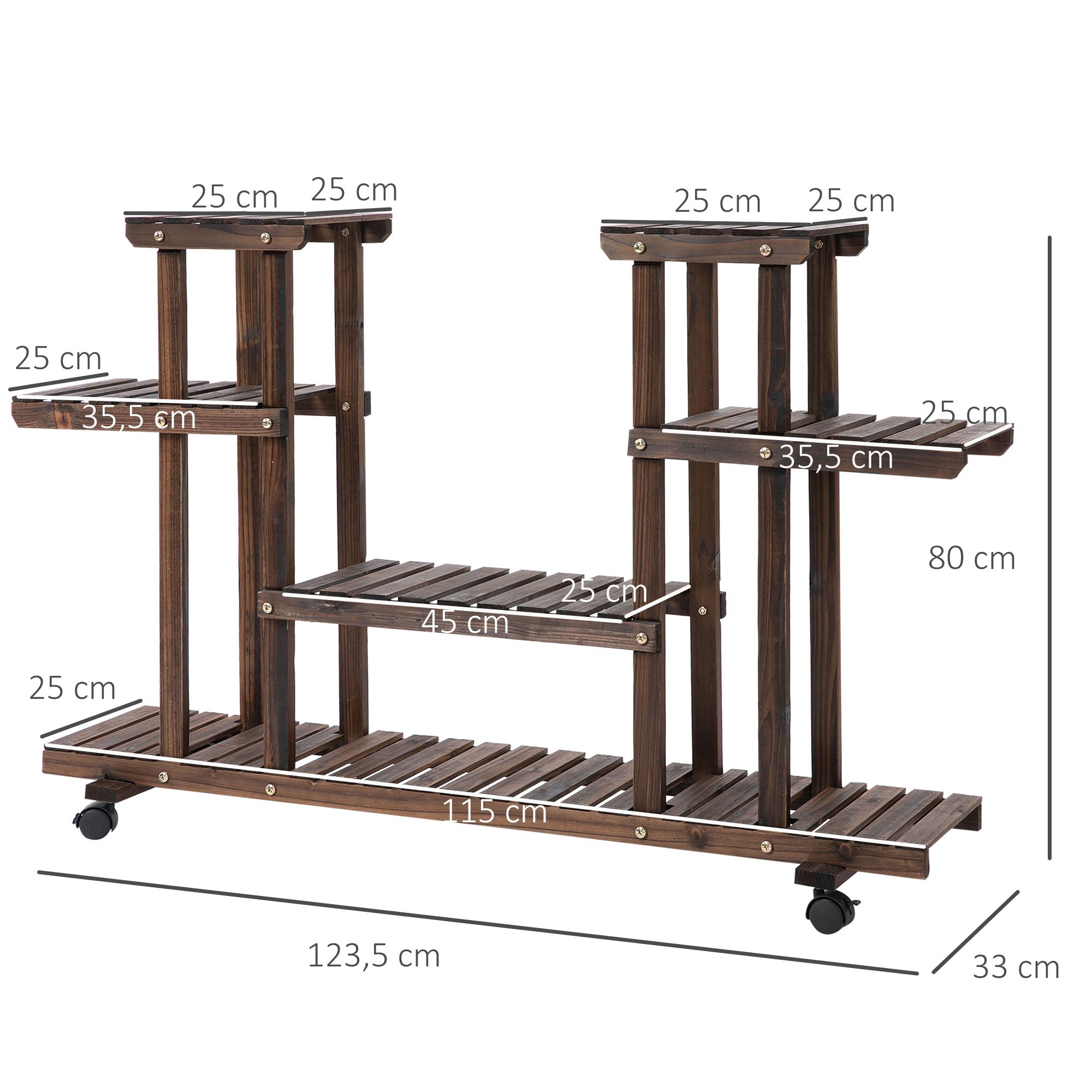 Outsunny Blumentreppe 6 Regale 4 Rollen 123,5 cm × 33 cm × 80 cm Massivholz Braun 123,5 cm × 33 cm × 80 cm