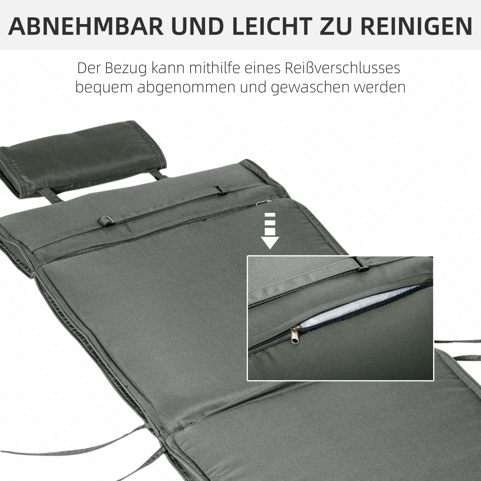 Outsunny Liegenauflage Liegenpolster Gartenliege mit Kopfkissen abnehmbar Bezug Polyester + Baumwollfaser Grau 198 x 53 x 5 cm