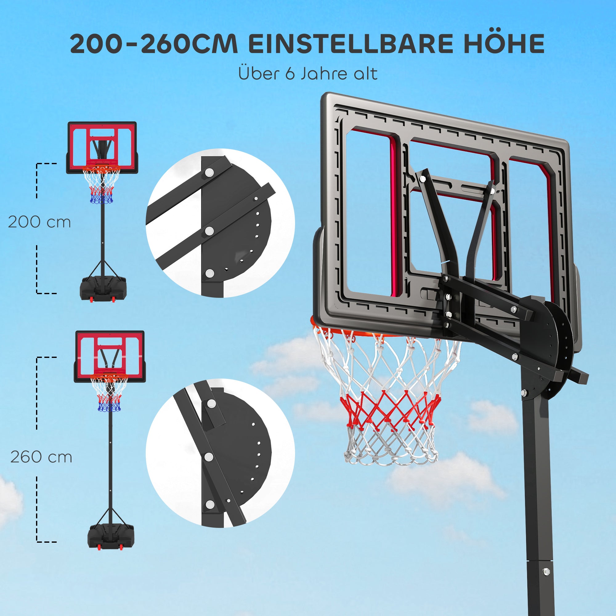 AIYAPLAY Kinder-Basketballkorb, Outdoor-Basketballkorb für Kinder, 200-260 cm höhenverstellbar, mit Rädern, ab 6 Jahren, Rot