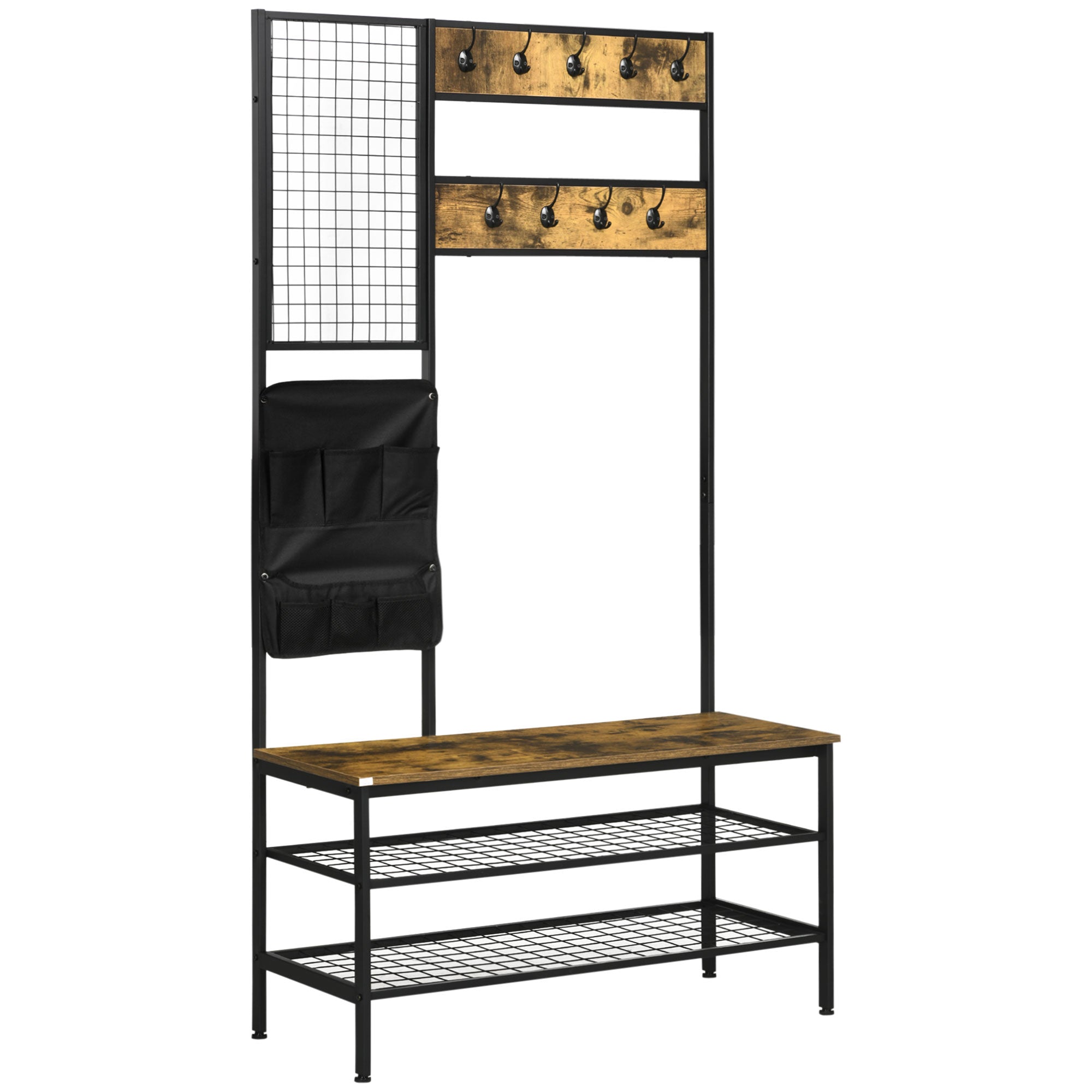 HOMCOM Garderobe im Industriedesign, 1 Memoboard, 1 Schuhbank, 8 Kleiderhaken, 1 Aufbewahrungstasche, Schwarz + Braun