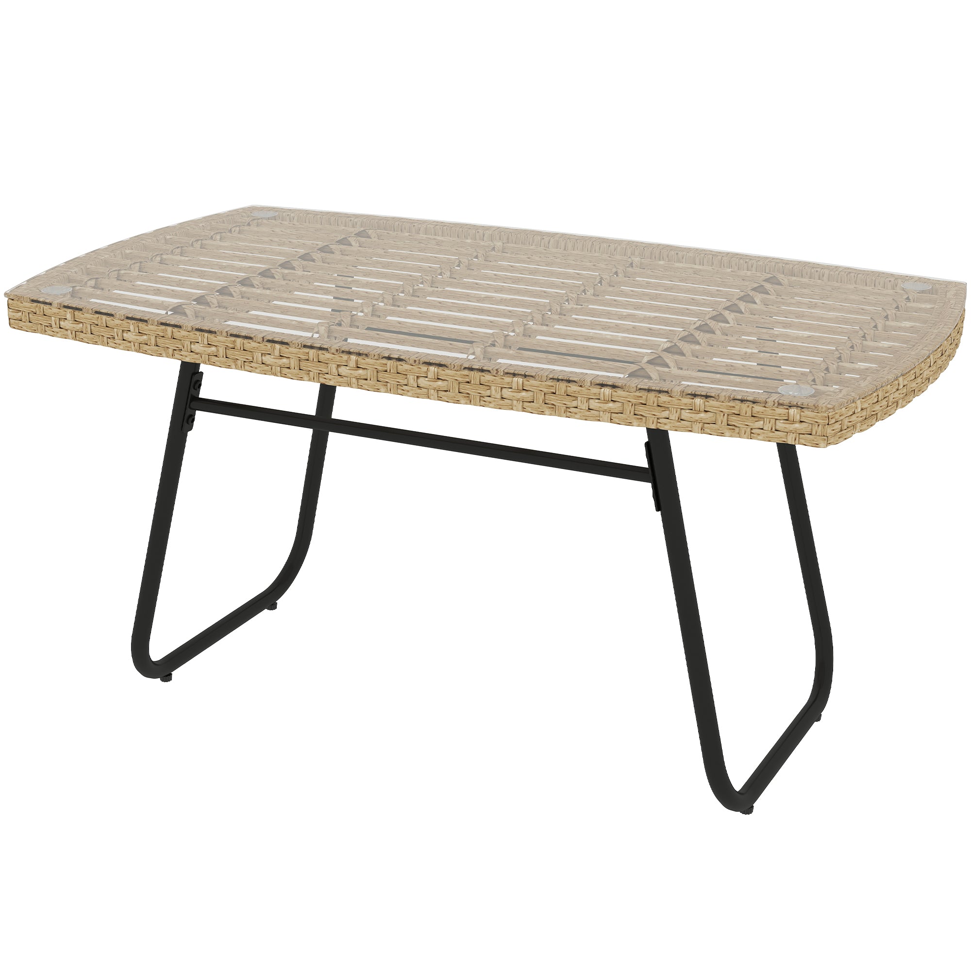 Outsunny Polyrattan Gartentisch, 90 x 50 x 45 cm, UV-beständig Beistelltisch mit Glasplatte Naturholz