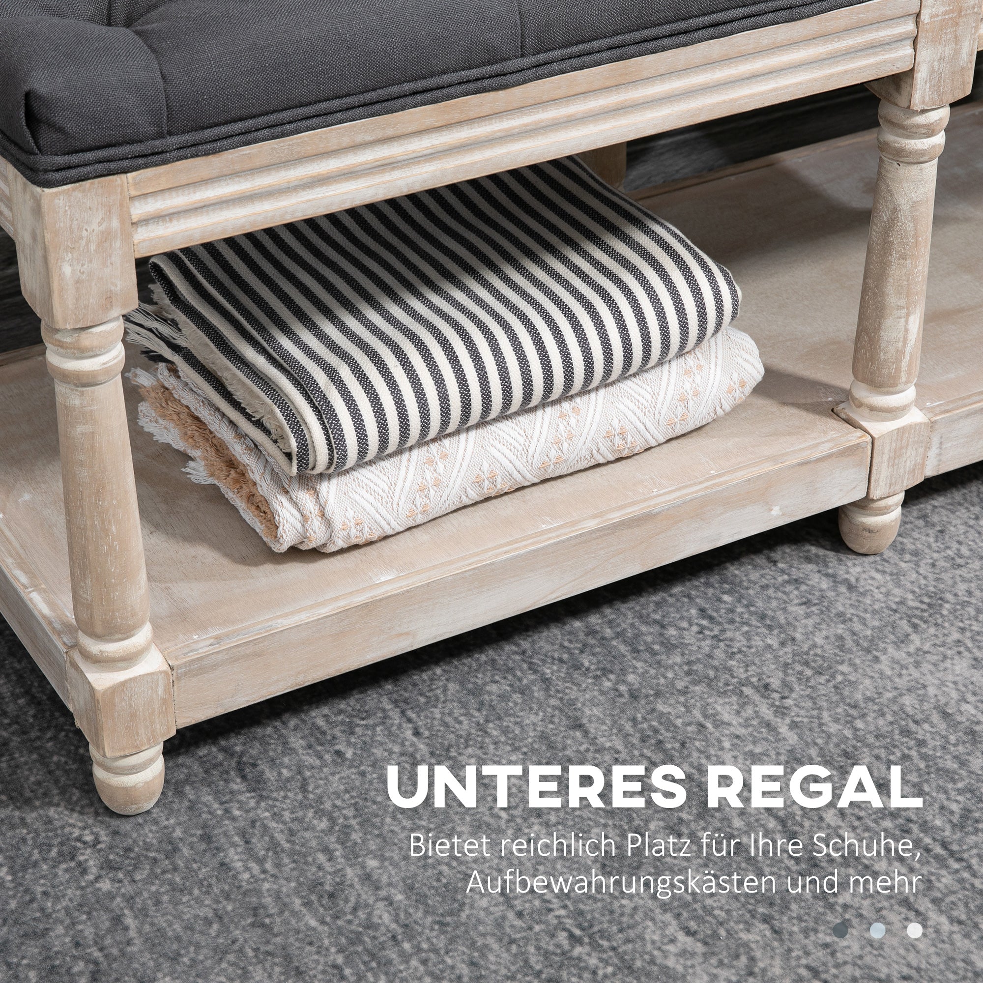 HOMCOM Sitzbank mit Stauraum, Vintage-Design, Knopfheftung, Kautschukbaumholz, 115x40x48cm, Grau